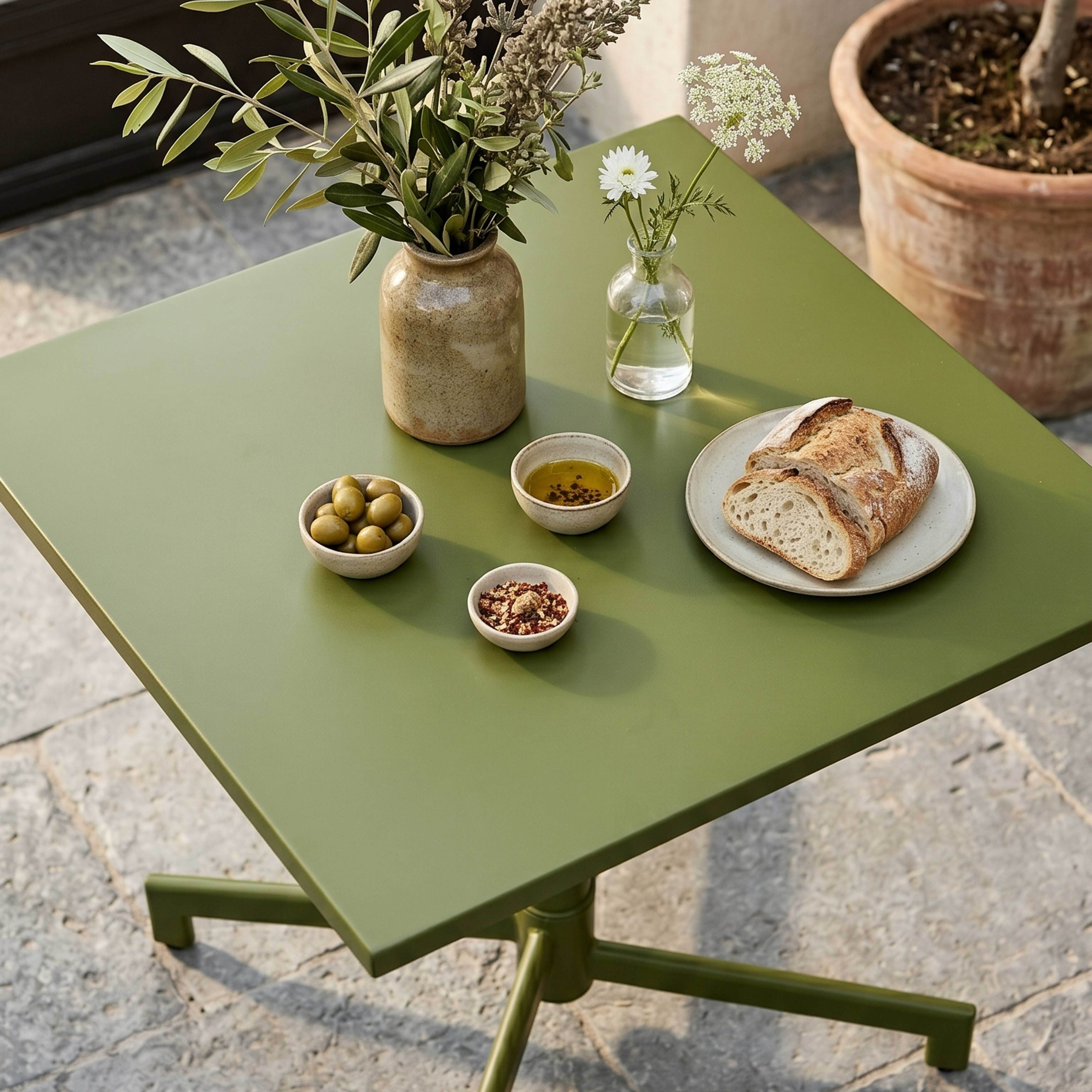 Grüner Tisch mit Brot, Oliven und Öl. Ein Strauß Blumen in einer Vase.