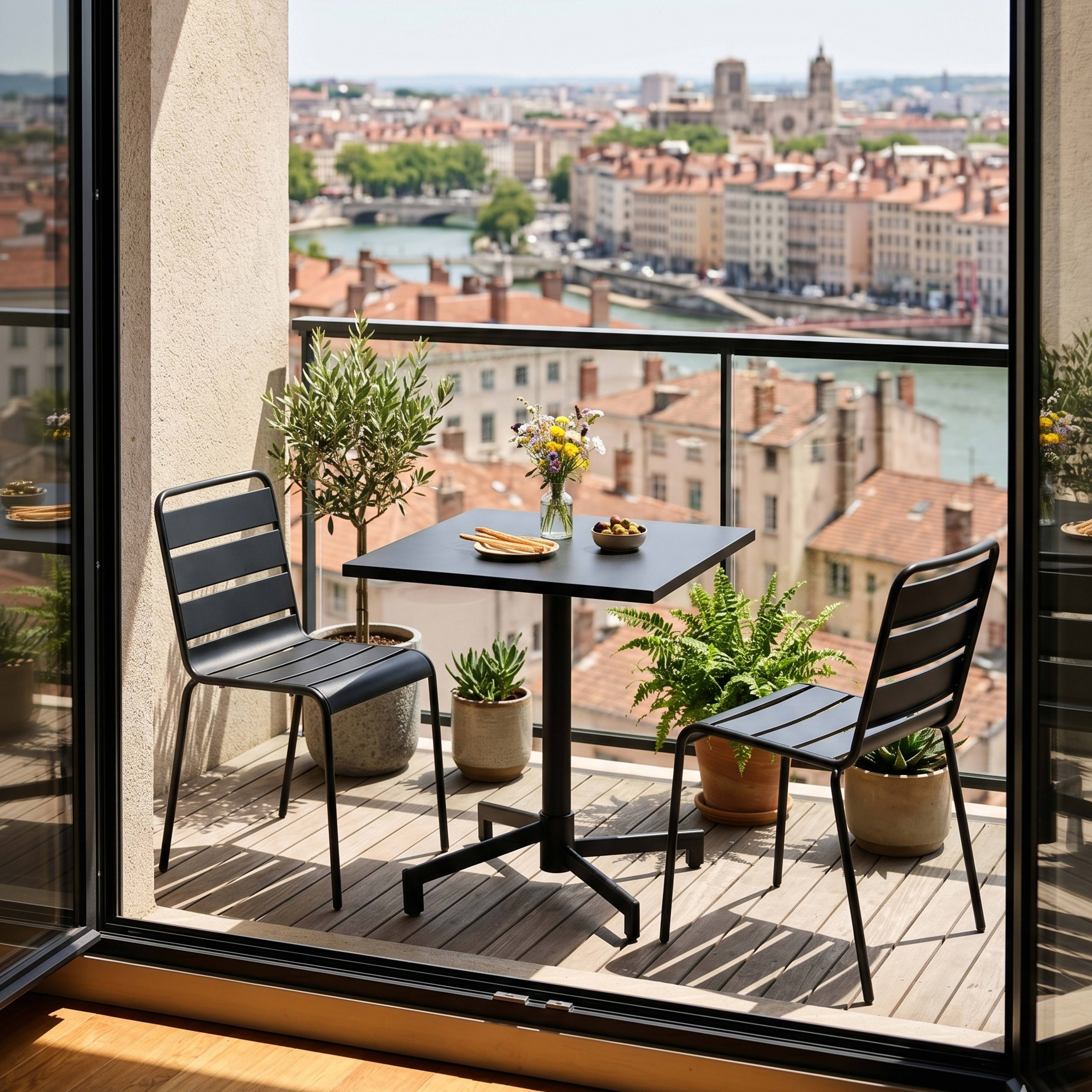 Ein Balkon mit zwei Stühlen, einem Tisch, Pflanzen und Stadtblick.