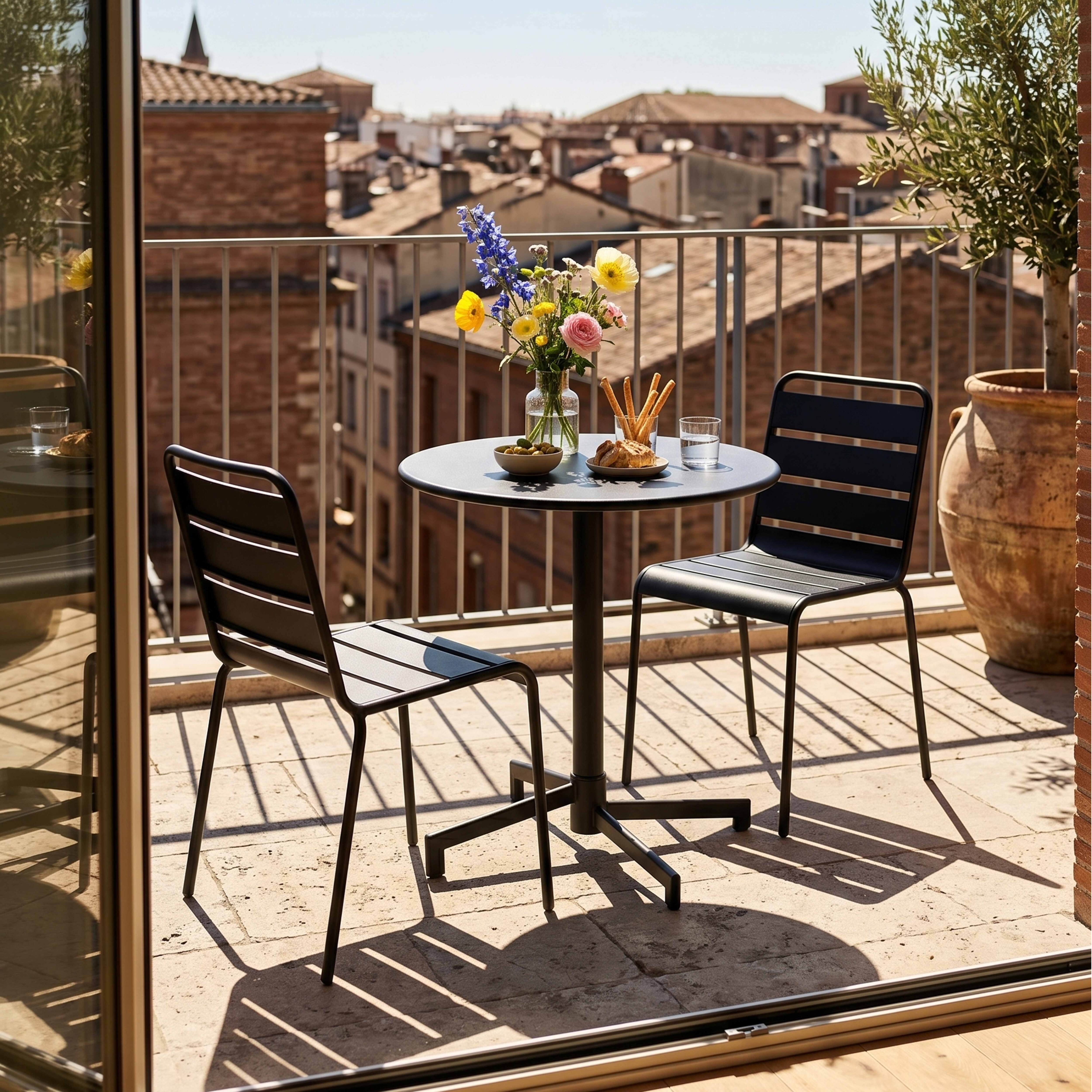 Ein runder Tisch mit Blumen, Oliven und Gebäck auf einem Balkon mit Blick auf eine Stadt.