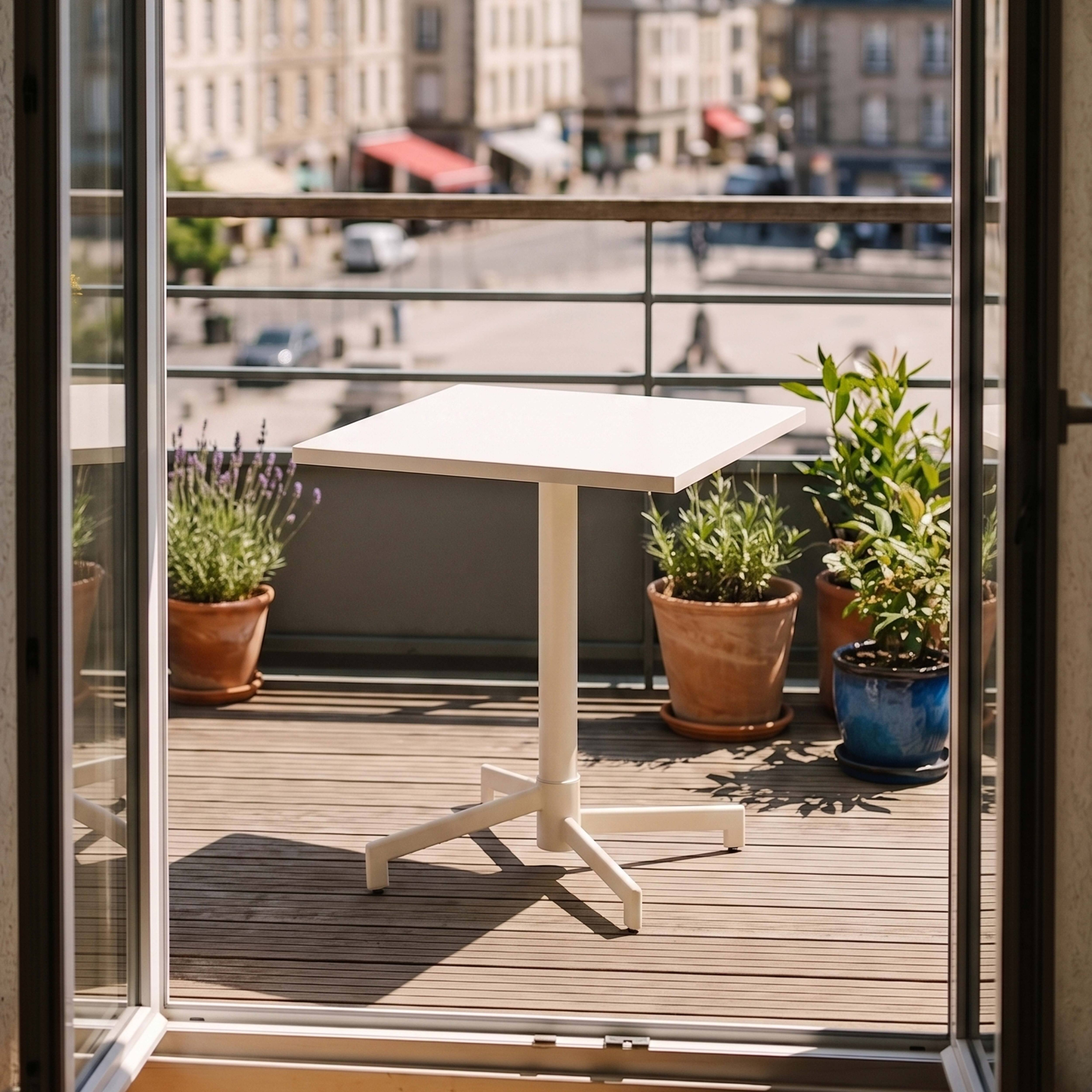 Ein weißer Tisch und Pflanzen auf einem Holzdeck mit Blick auf eine Stadt.
