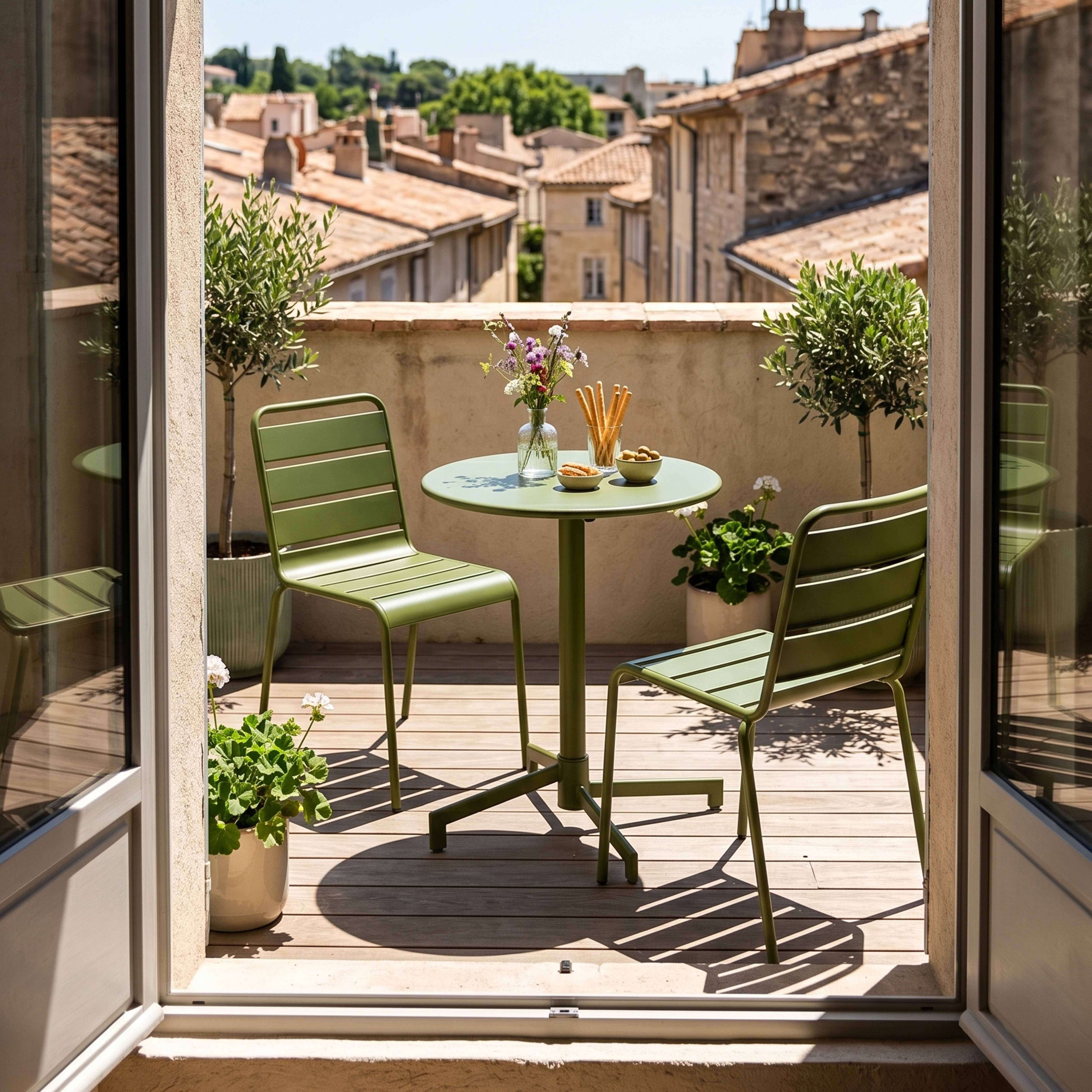 Grüne Gartenmöbel auf einem Holzbalkon mit Blick auf die Dächer einer Stadt.