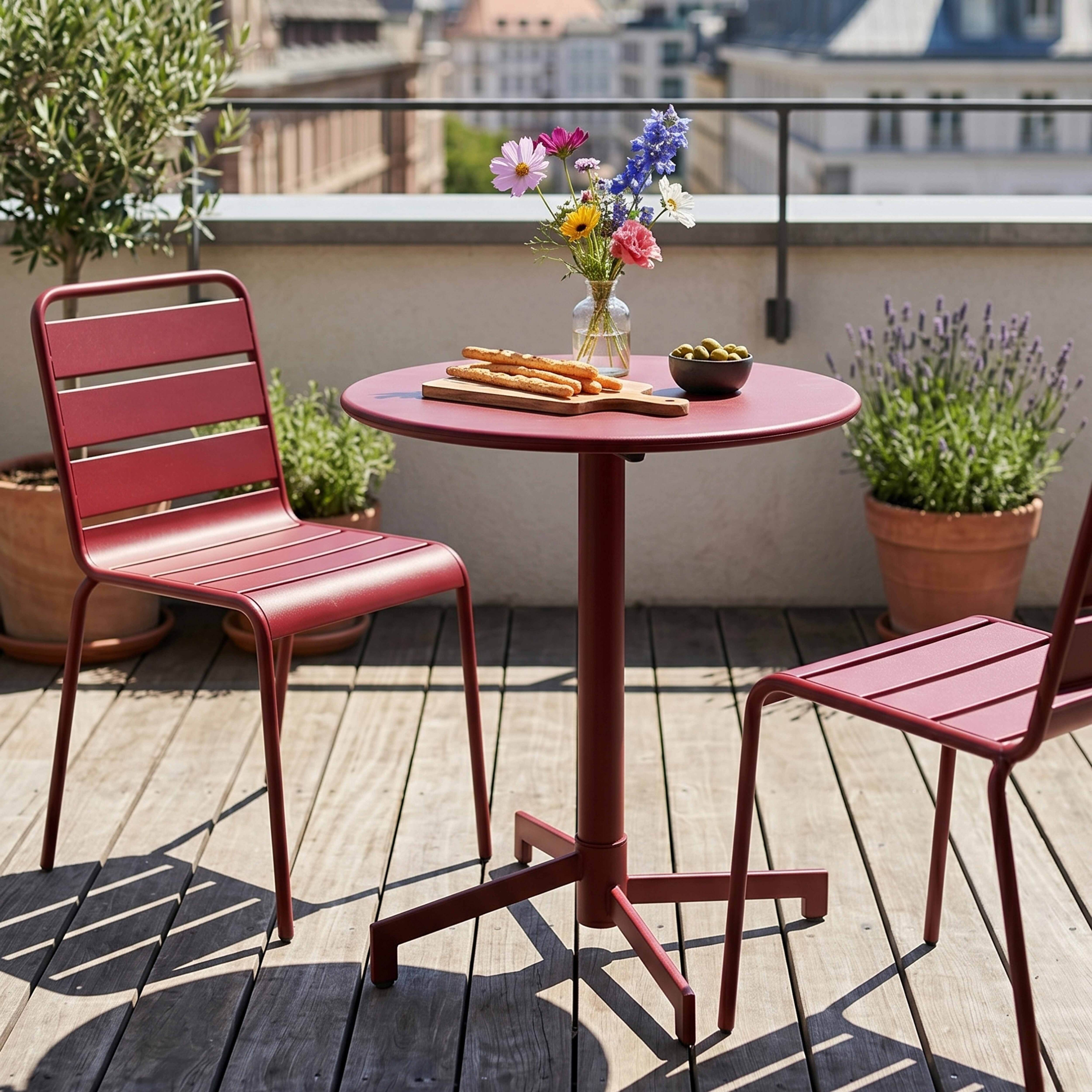 Roter Tisch und Stühle auf einer Holzterrasse mit Blumen und Oliven.