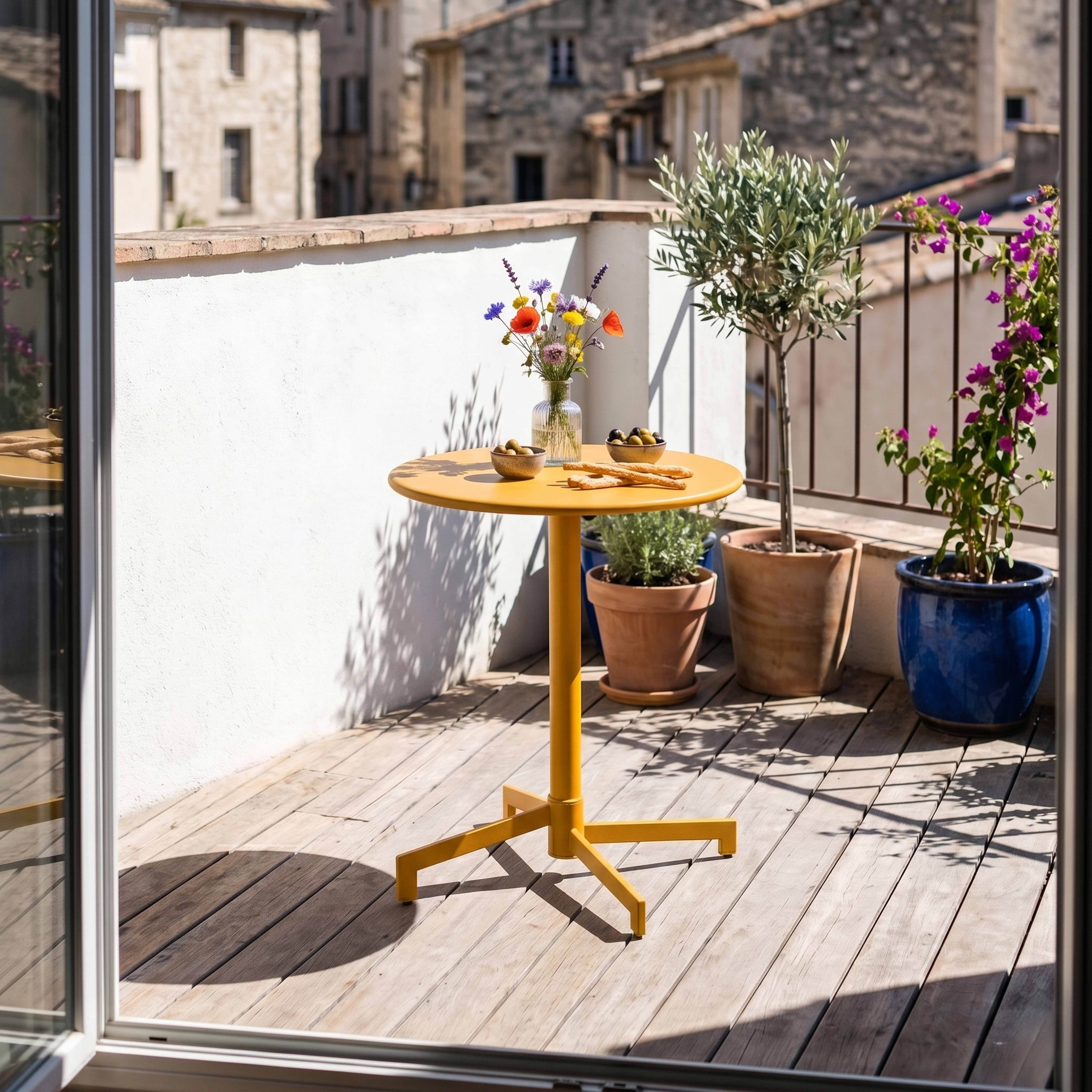 Gelber Tisch mit Blumen, Oliven und Brot auf einer Holzterrasse mit Häusern im Hintergrund.