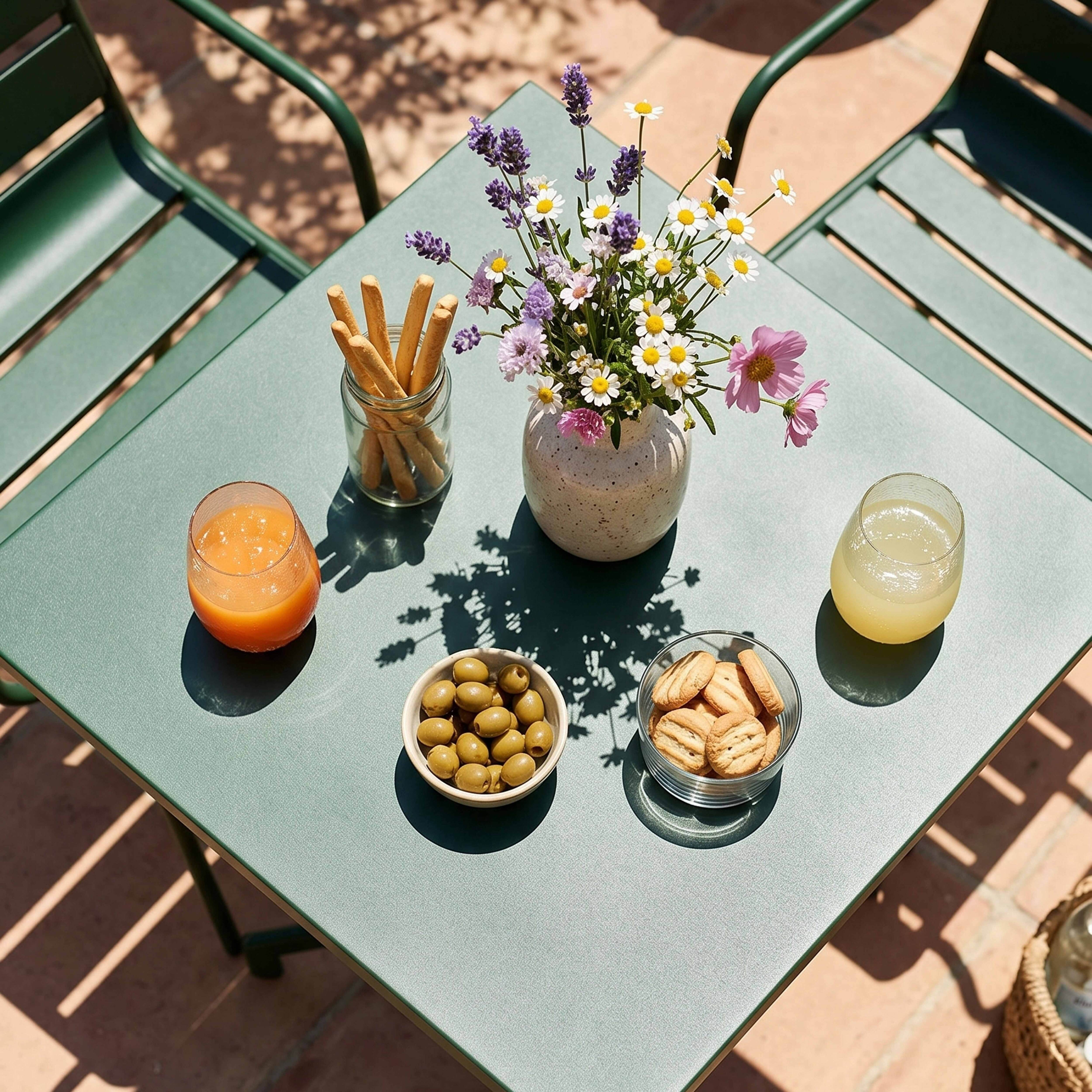 Ein grüner Tisch mit zwei Gläsern Saft, Oliven, Keksen, Brotstangen und Blumen.