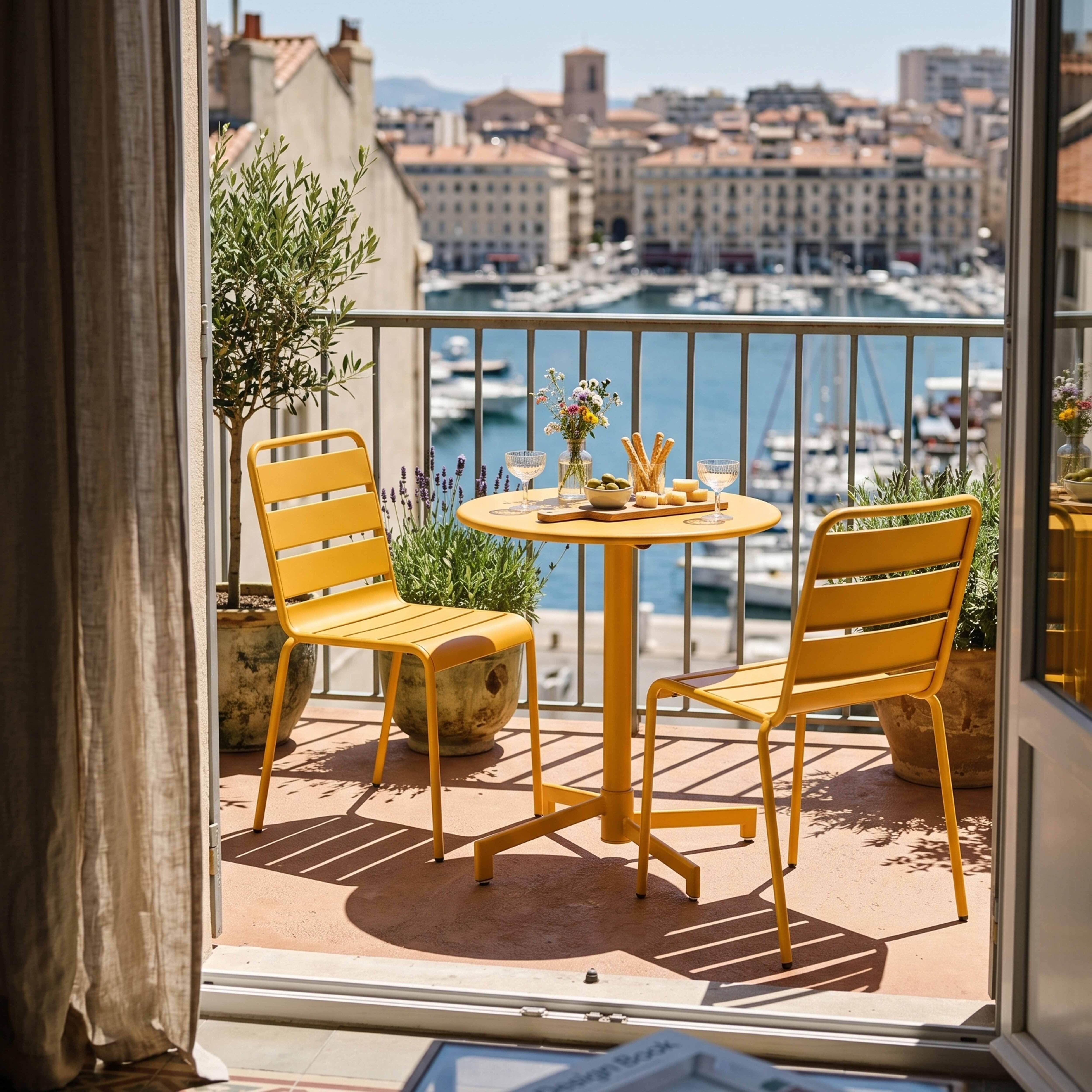 Ein gelber Tisch und zwei Stühle auf einem Balkon mit Blick auf einen Hafen.