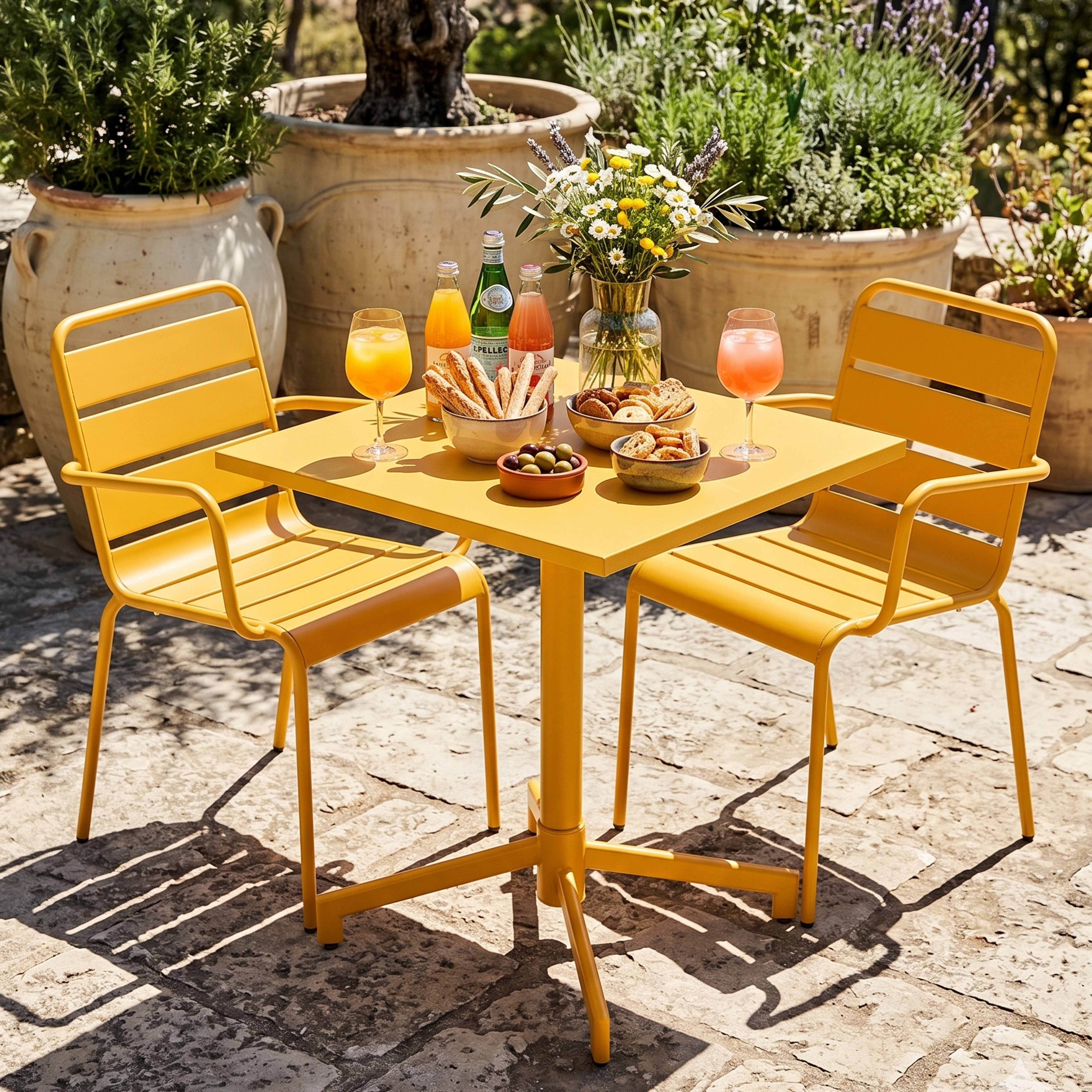 Gelber Gartentisch mit Stühlen, bedeckt mit Snacks und Getränken.