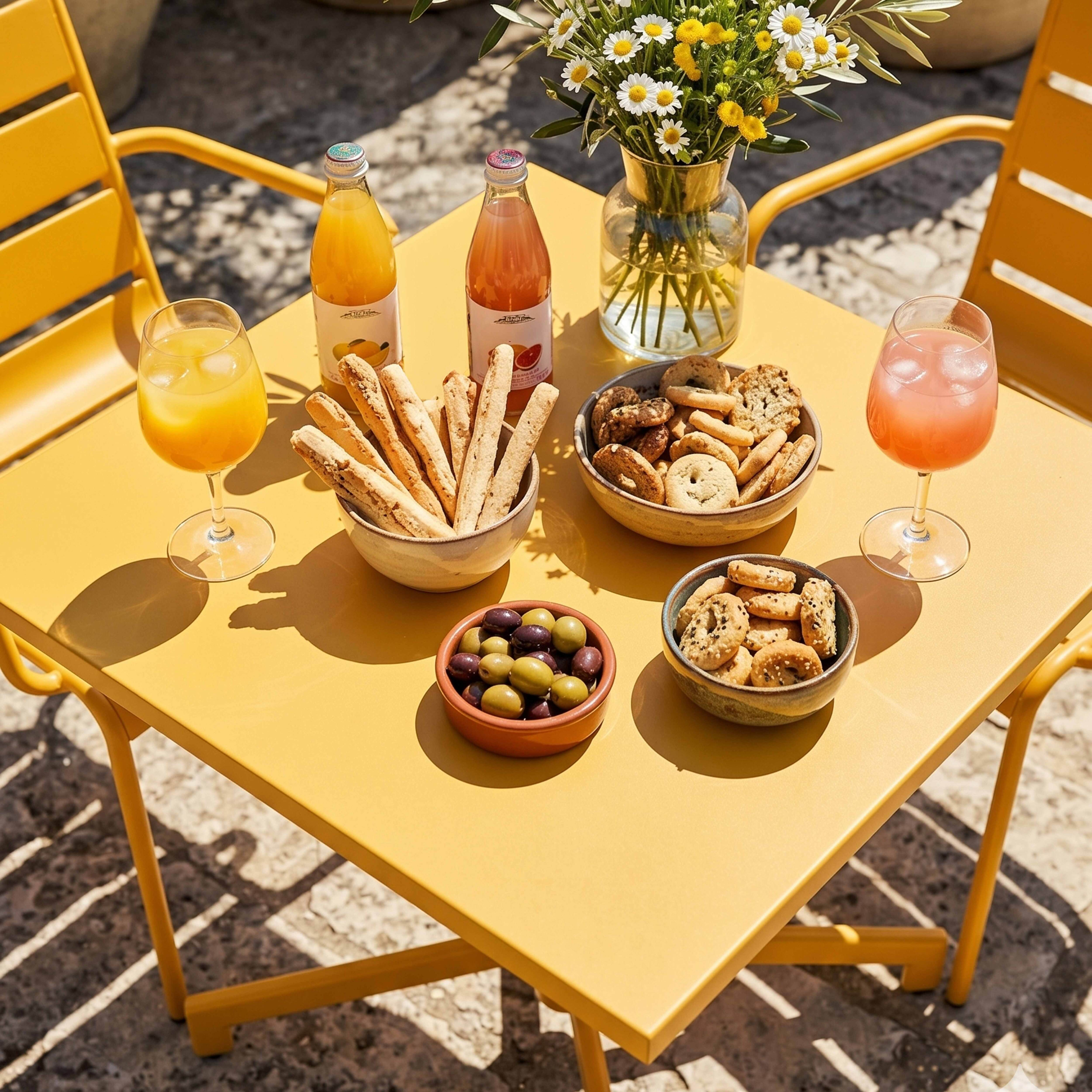Gelber Tisch mit Snacks: Orangen- und Pinkgetränke, Gebäck, Oliven und Blumen.