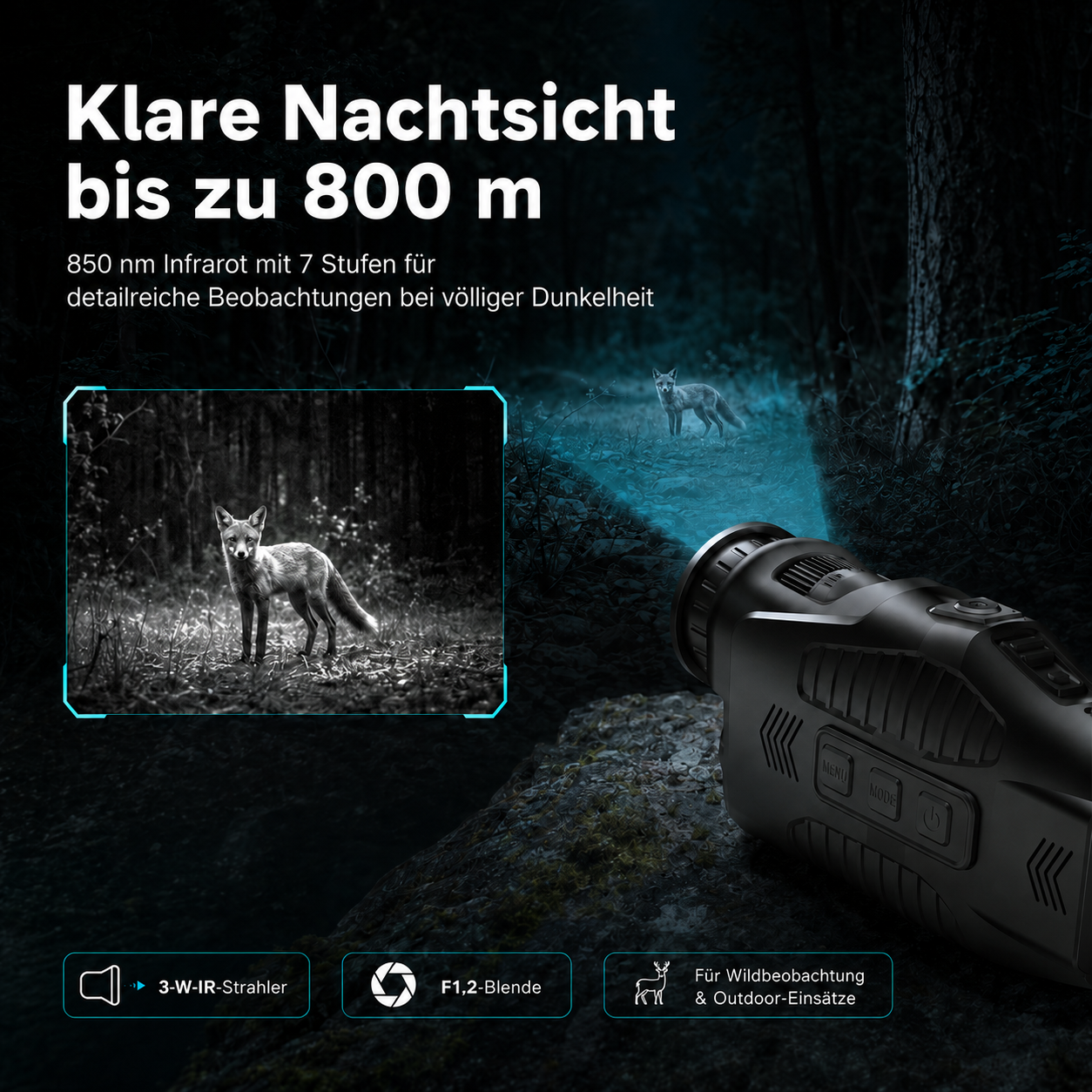 Ein Nachtsichtgerät in dunkler Waldumgebung, das einen Fuchs im Dunkeln beleuchtet.
