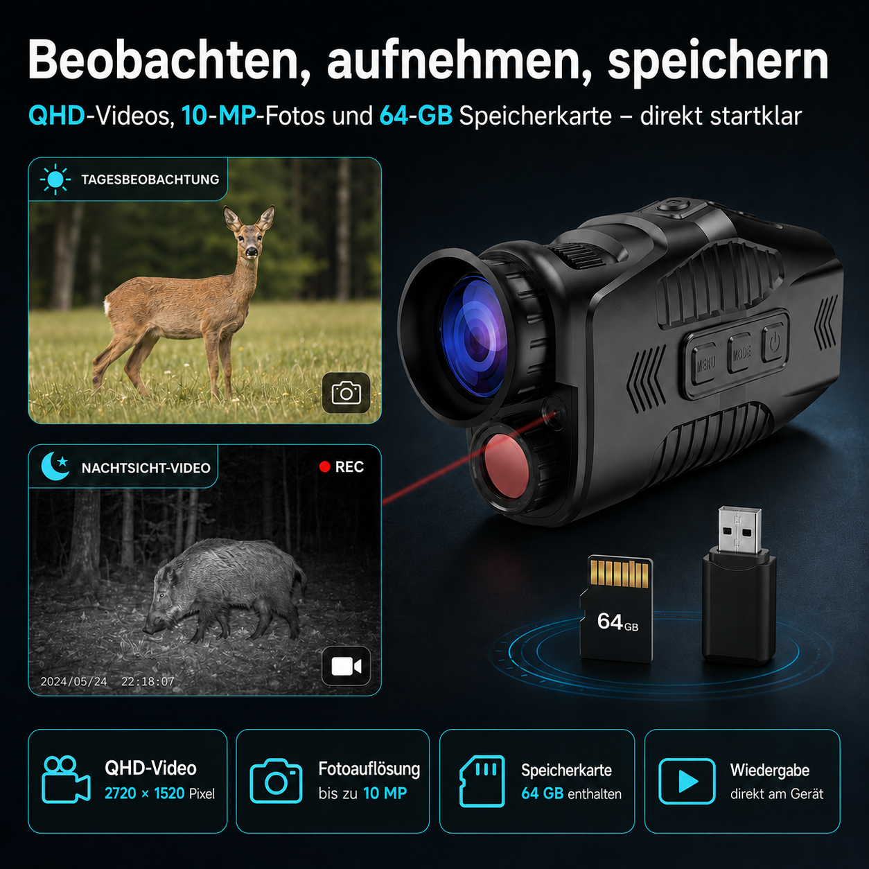 Digitales Nachtsichtgerät mit Tag- und Nachtaufnahmen, Speicherkarte und USB-Adapter.