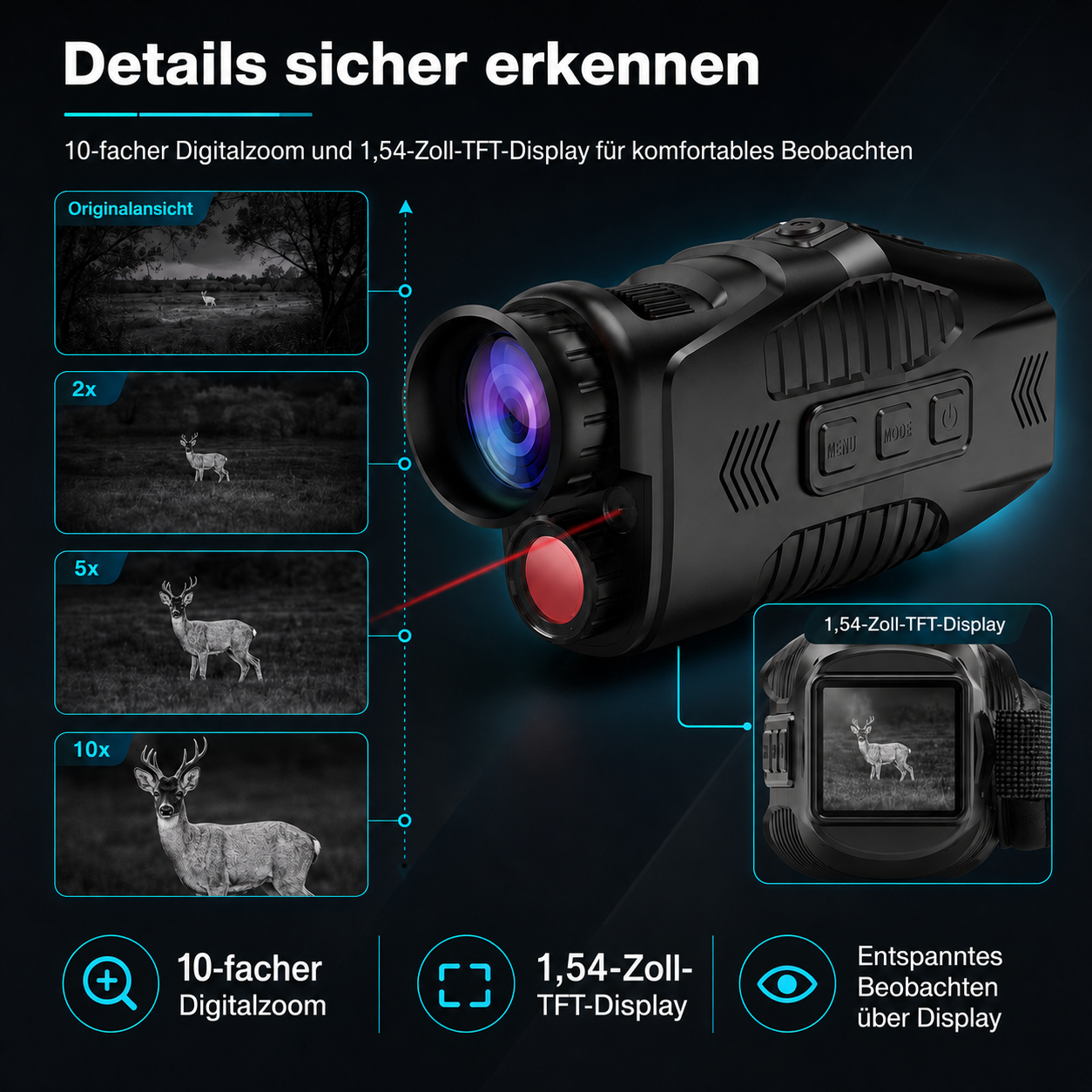 Digital-Zoom-Gerät mit Display zeigt Rehe bei verschiedenen Zoomstufen.