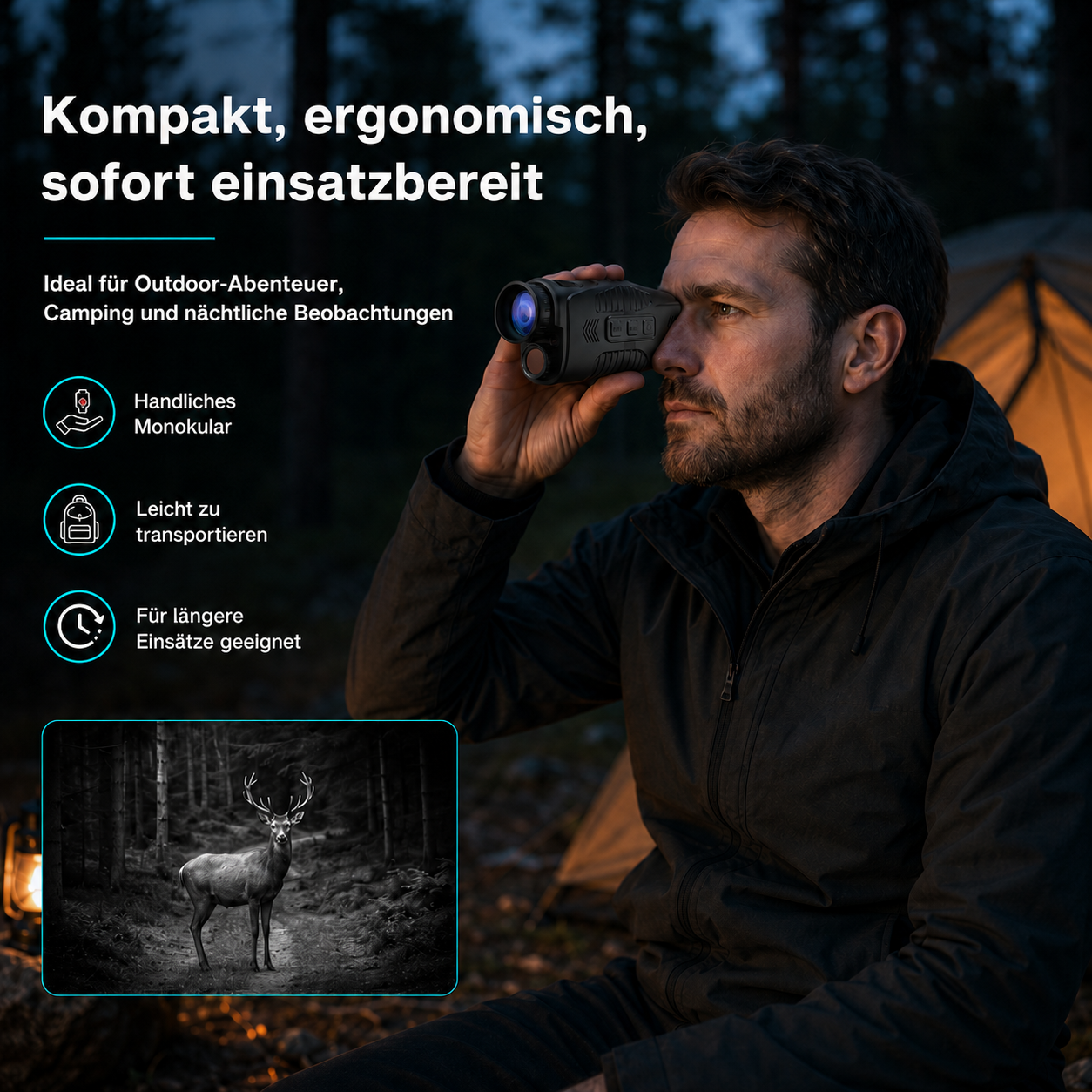 Mann blickt durch Monokular; Reh im Wald daneben. Für Outdoor-Abenteuer.