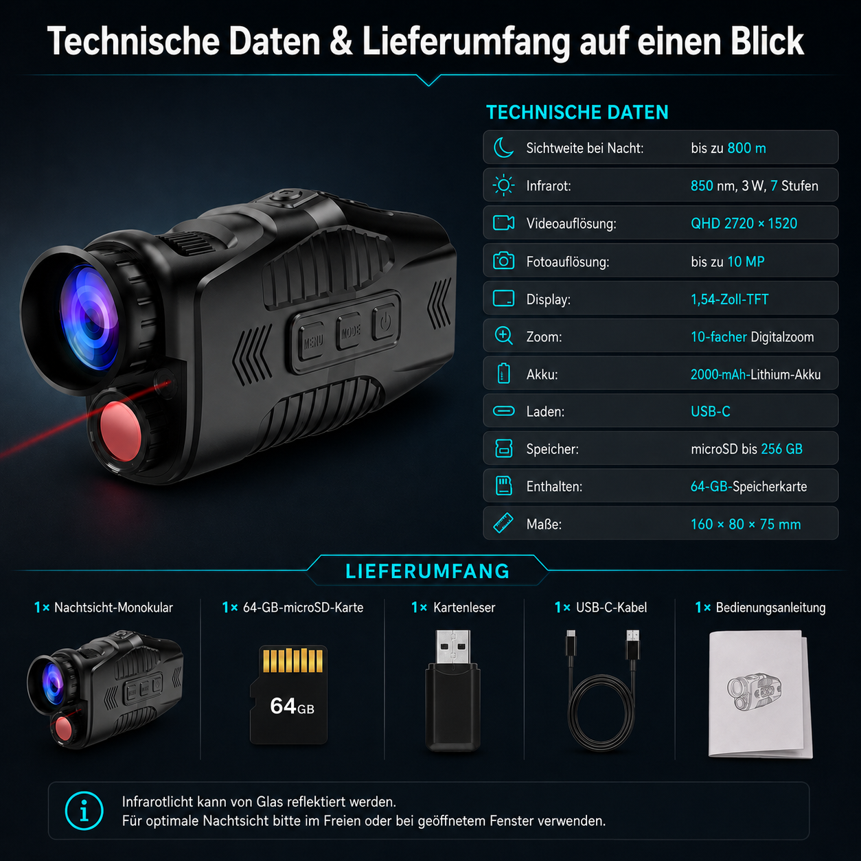 Nachtsichtgerät mit technischen Daten und Lieferumfang. Enthält Monokular, Speicherkarte, Kartenleser, Kabel und Anleitung.