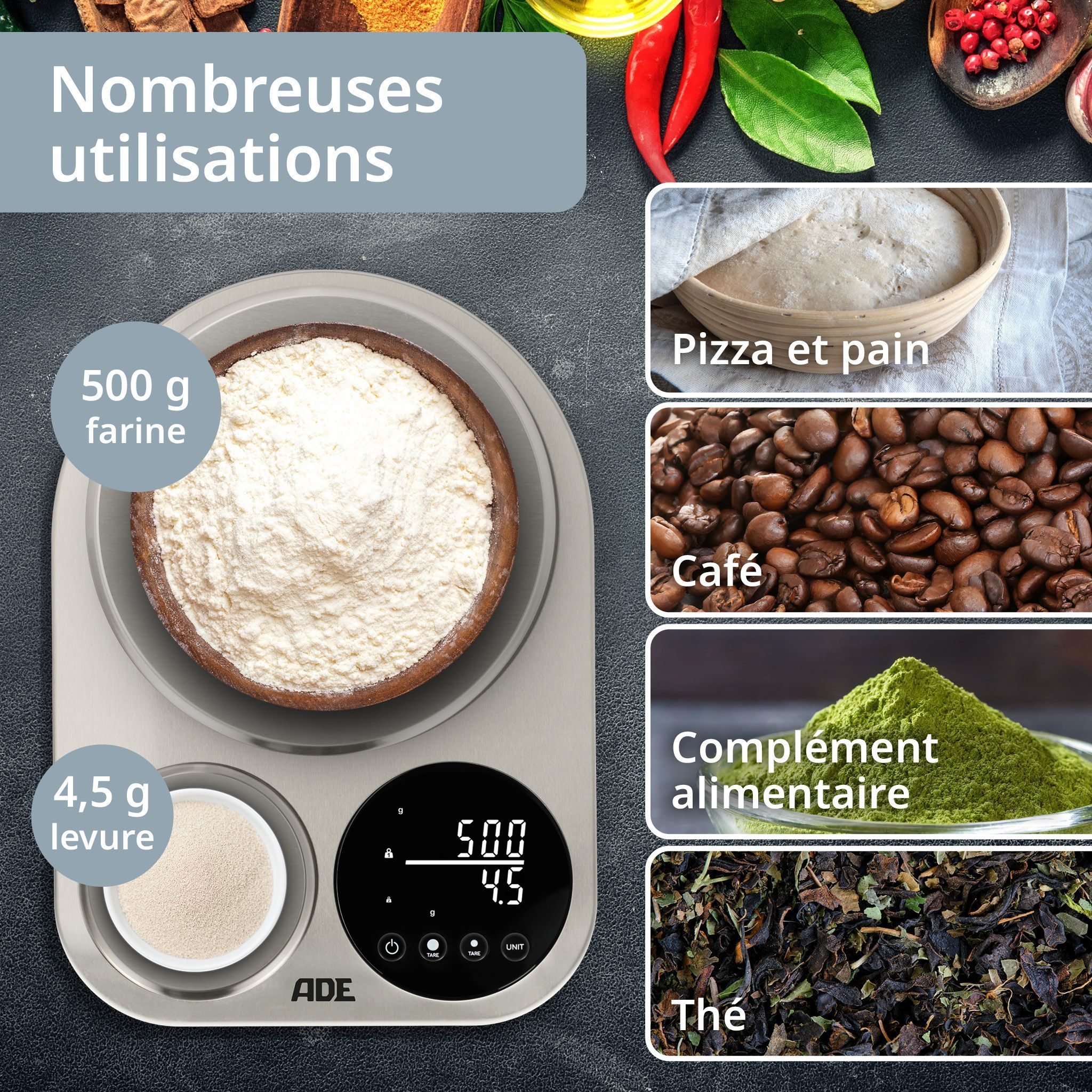 Una bilancia da cucina digitale mostra 500g di farina e 4,5g di lievito. Accanto, immagini di impasto, caffè, polvere e tè.