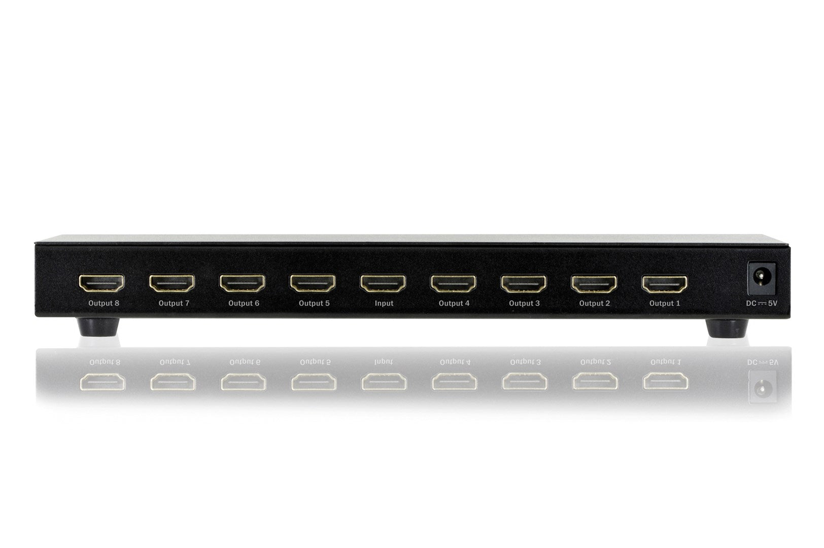 Schwarzer 1x8 HDMI-Splitter mit 8 Ausgängen und 1 Eingang, DC 5V Stromanschluss.
