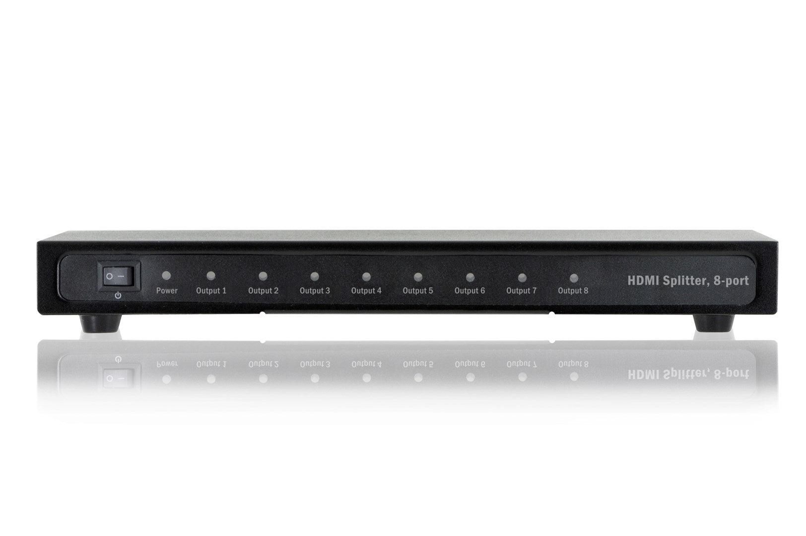 Schwarzer 8-Port HDMI-Splitter mit Netzschalter und beschrifteten Ausgängen.