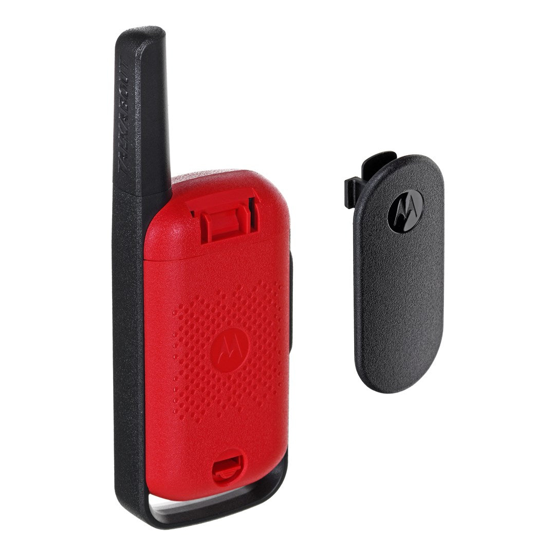 Ein rotes und schwarzes Motorola Talkabout Funkgerät mit schwarzem Gürtelclip.