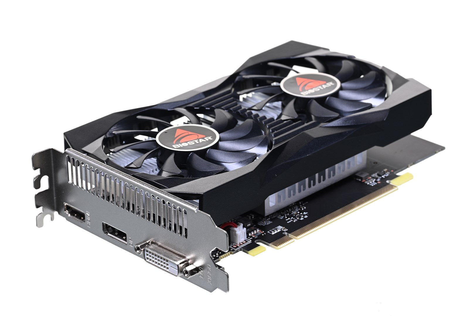 A black graphics card with two fans and a silver bracket with ports.
