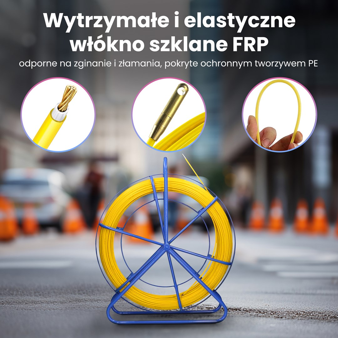 Żółty kanał kablowy z włókna szklanego na szpuli, z zbliżeniami materiału.