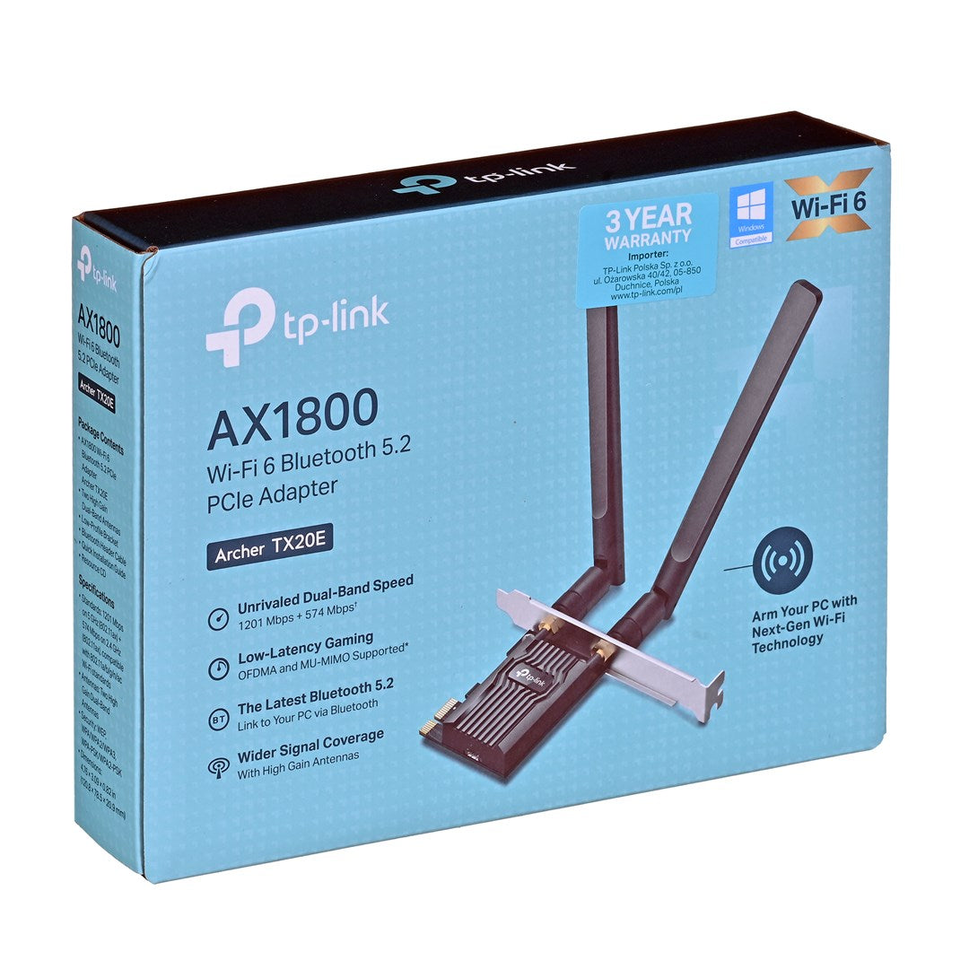 TP-Link AX1800 Wi-Fi 6 Bluetooth 5.2 PCIe adaptörü antenlerle kutuda.
