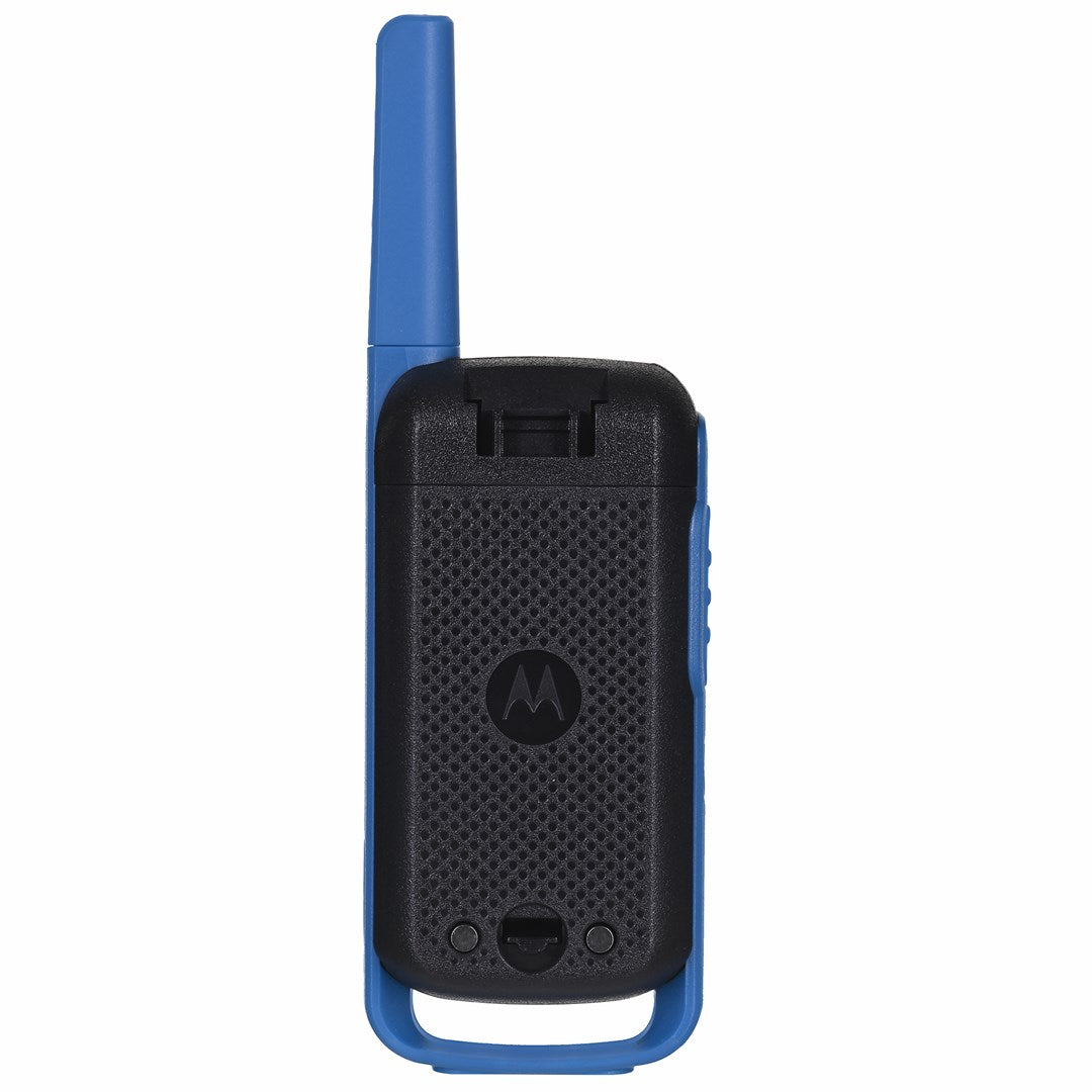A blue Motorola walkie-talkie with a black textured grip and Motorola logo.