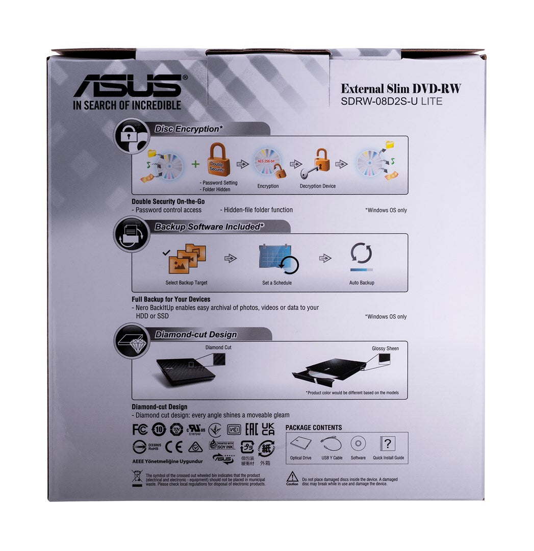 ASUS harici DVD-RW sürücü ambalajı, şifreleme ve yedekleme gibi özellik ayrıntılarını içerir.
