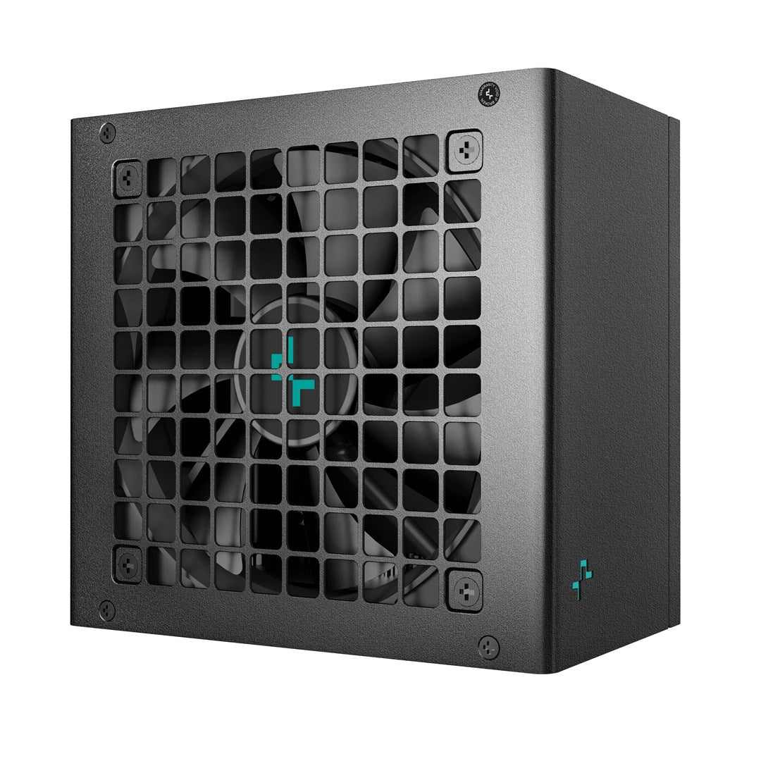 Alimentatore nero per computer con ventola a griglia quadrata e logo turchese.