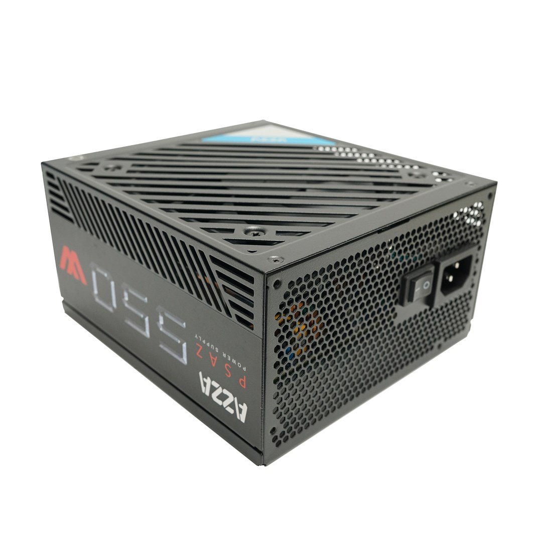 Black power supply unit with vents and red logos. Power switch is visible.