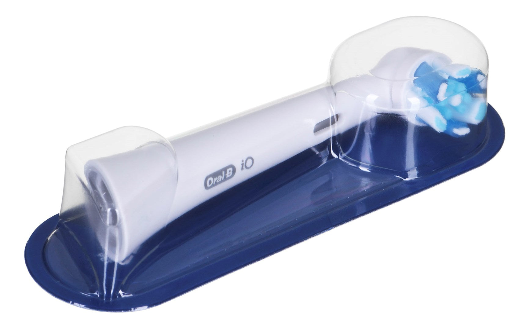 White toothbrush with blue brush head in clear packaging on dark blue base.