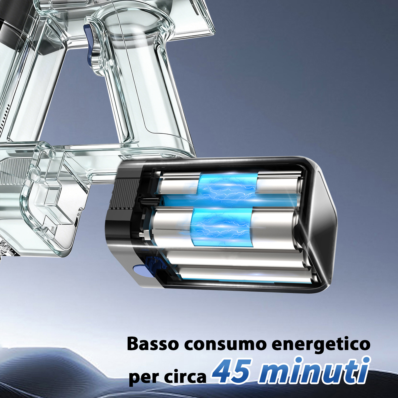 Primo piano della batteria di un aspirapolvere con fulmini blu e testo: Basso consumo energetico per circa 45 minuti.