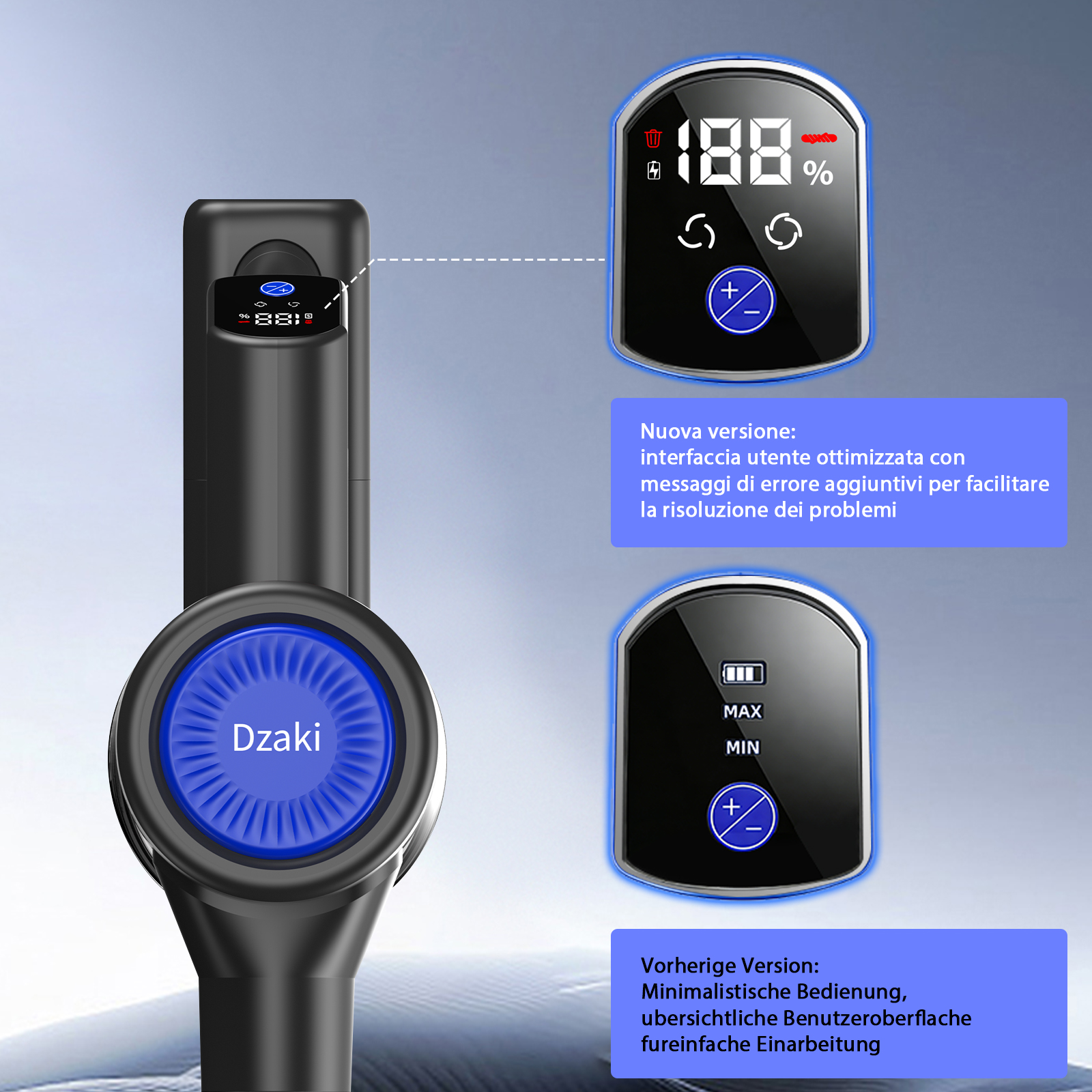 Manico nero con display blu e digitali che mostrano 188% e batteria.