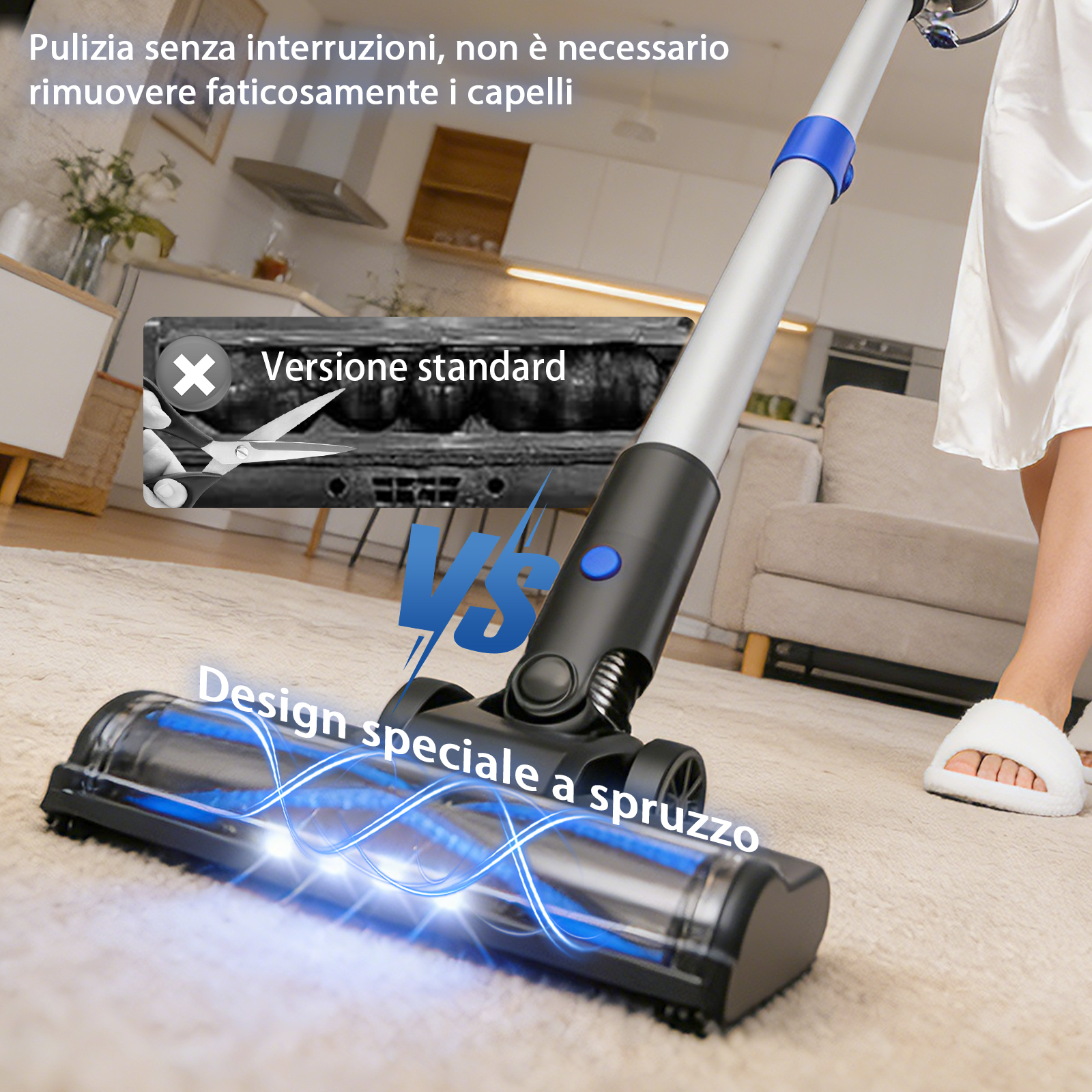 Un aspirapolvere con luce blu su un tappeto. Immagine comparativa.