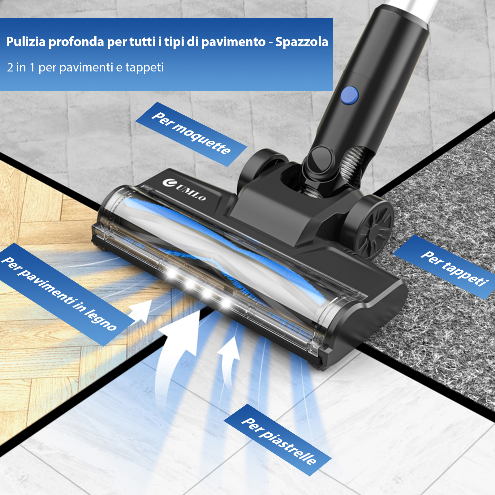 Una spazzola per aspirapolvere nera su vari tipi di pavimento: legno, piastrelle, tappeti.