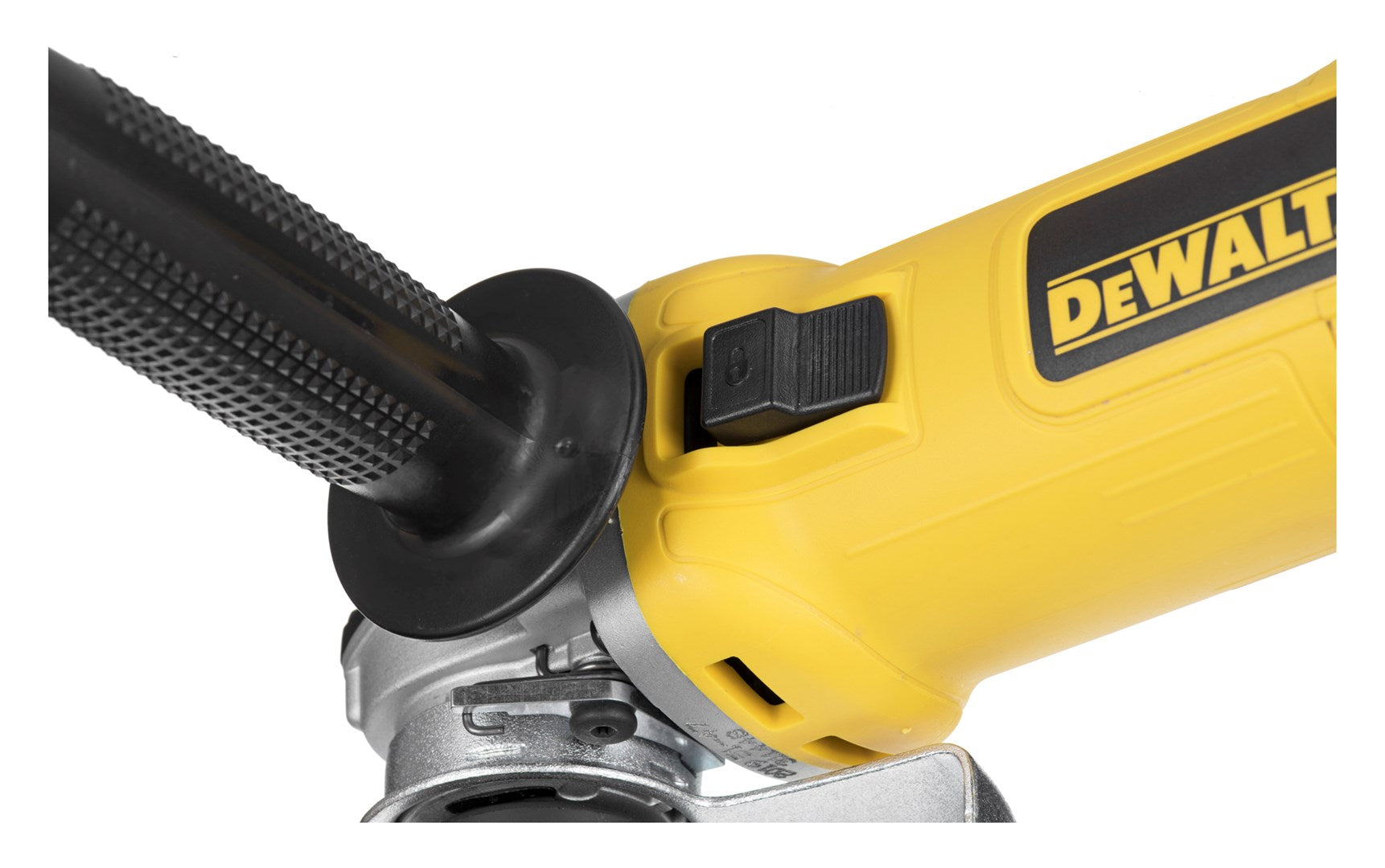 Yellow Dewalt angle grinder with black handle and switch. Close-up.