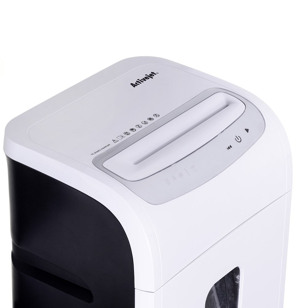 Una trituradora de papel blanca con papelera negra y panel de control.