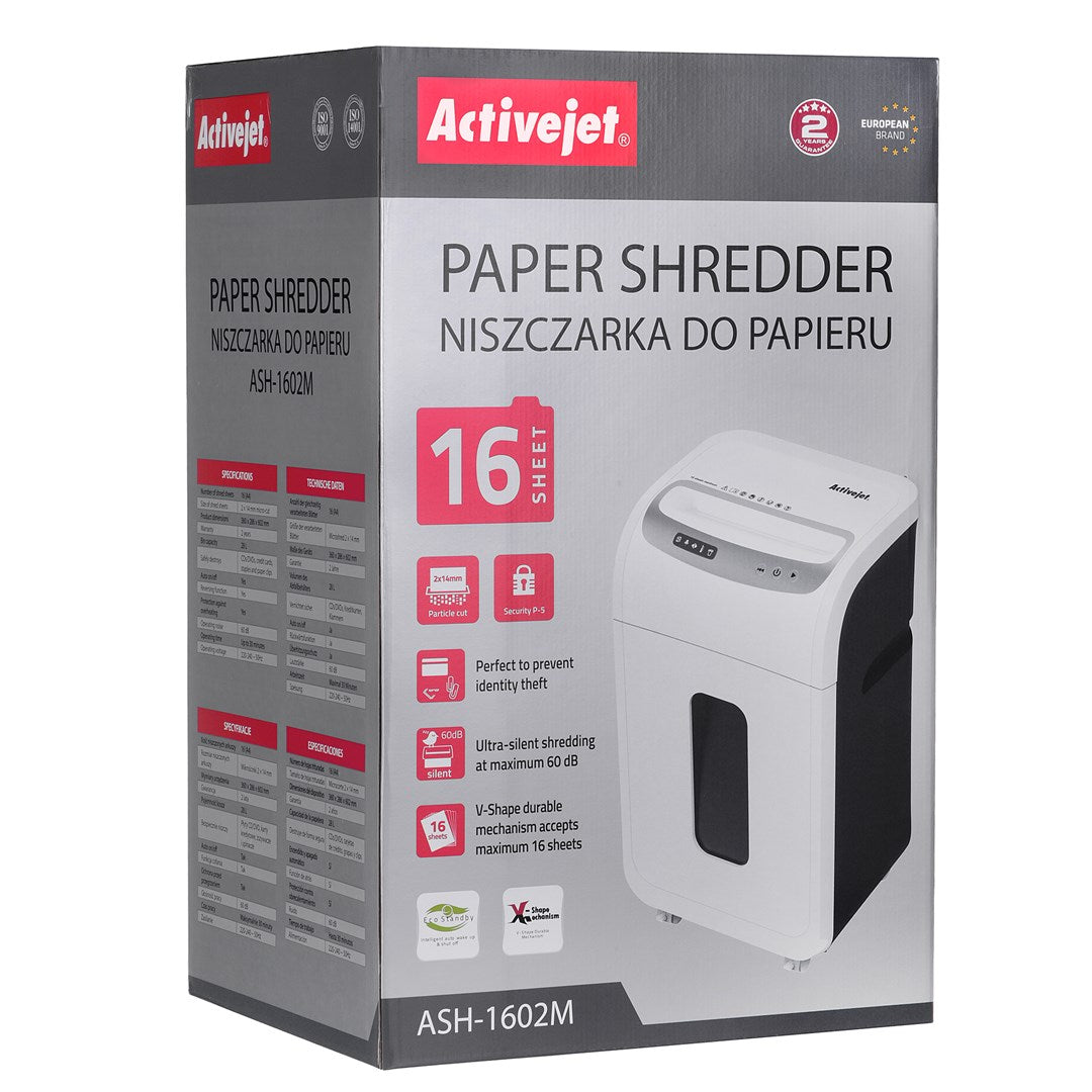 Caja de una trituradora de papel Activejet ASH-1602M con detalles.