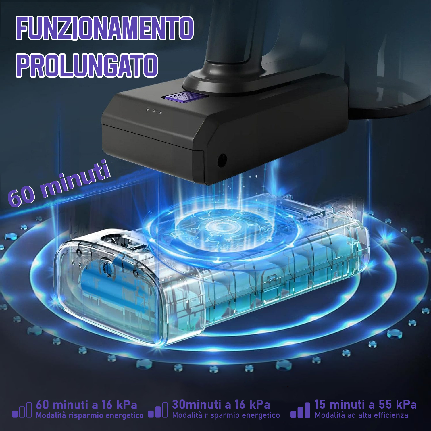Batteria aspirapolvere con celle blu, dura 60 minuti. Cerchi illuminati.