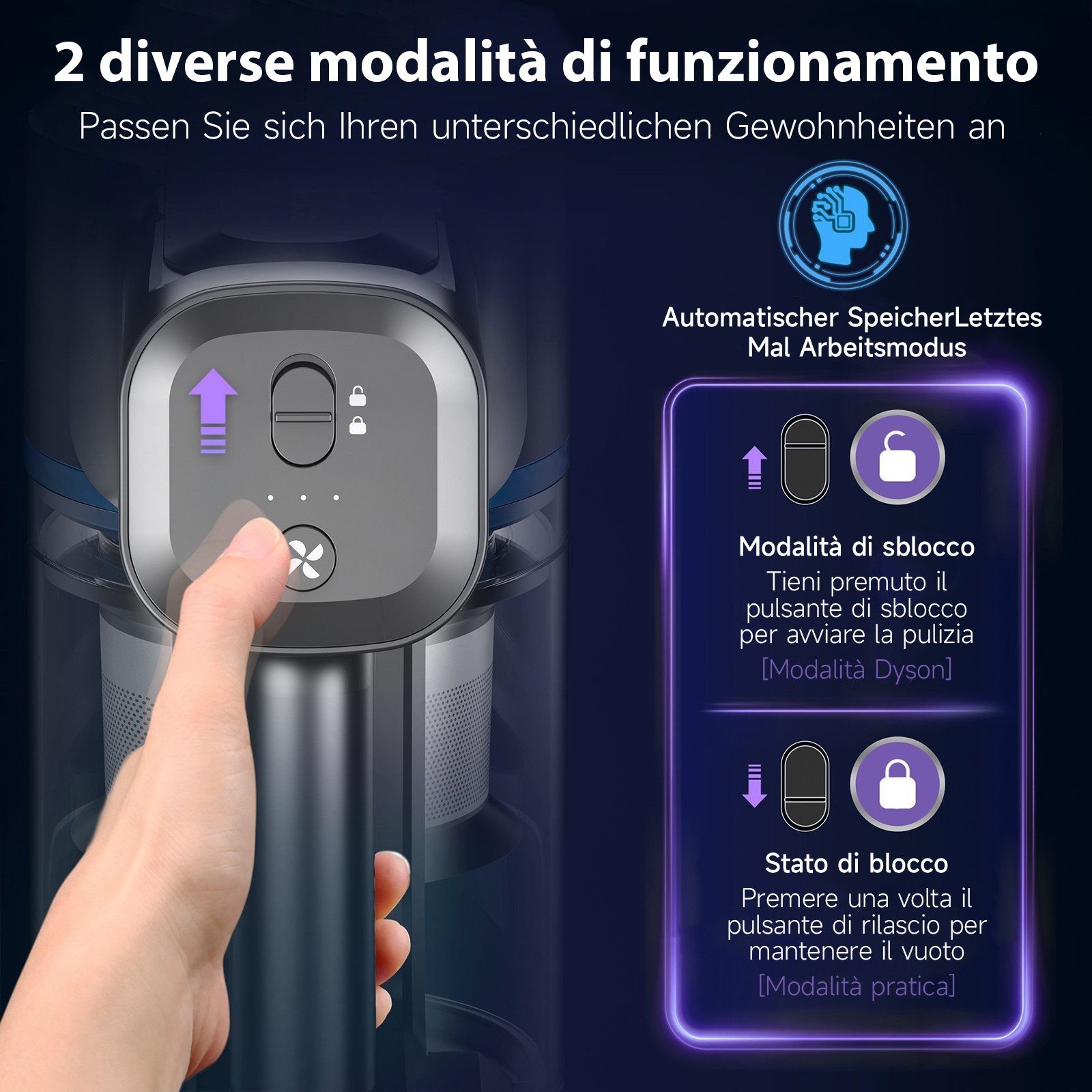 Un dito preme il pulsante di un aspirapolvere che mostra due modalità.