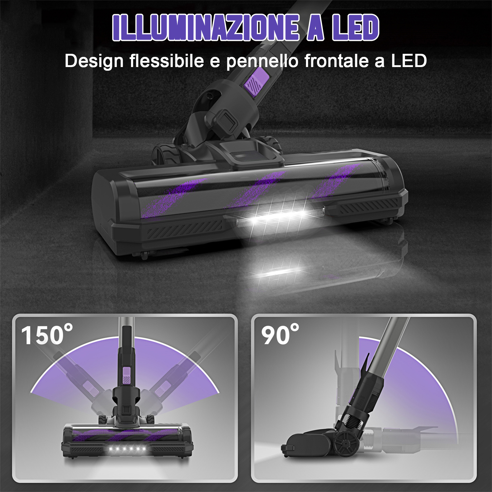 Un aspirapolvere senza fili con illuminazione LED e articolazione flessibile.