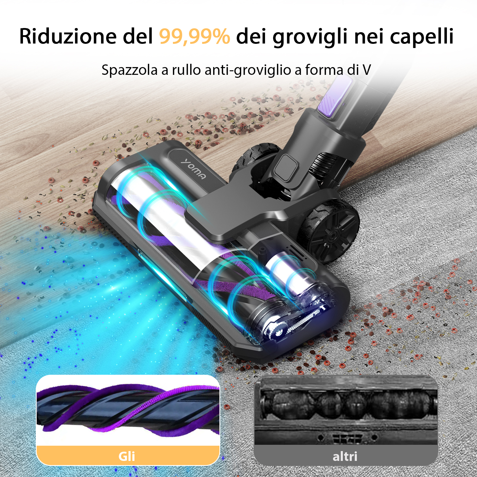 Una testina aspirapolvere a V con spazzola rotante pulisce il pavimento, mostrando luce blu e detriti.