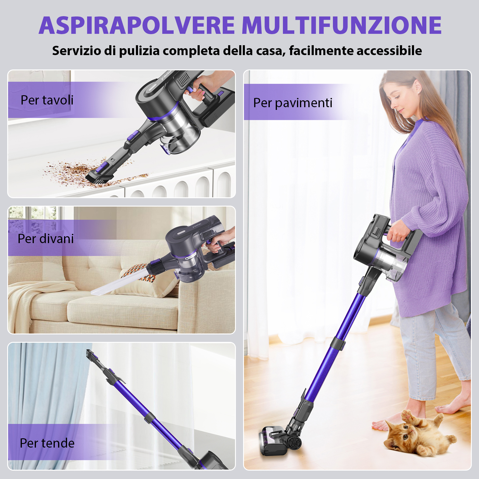 Aspirapolvere senza fili pulisce tavoli, divani, tende e pavimenti. Gatto incluso.