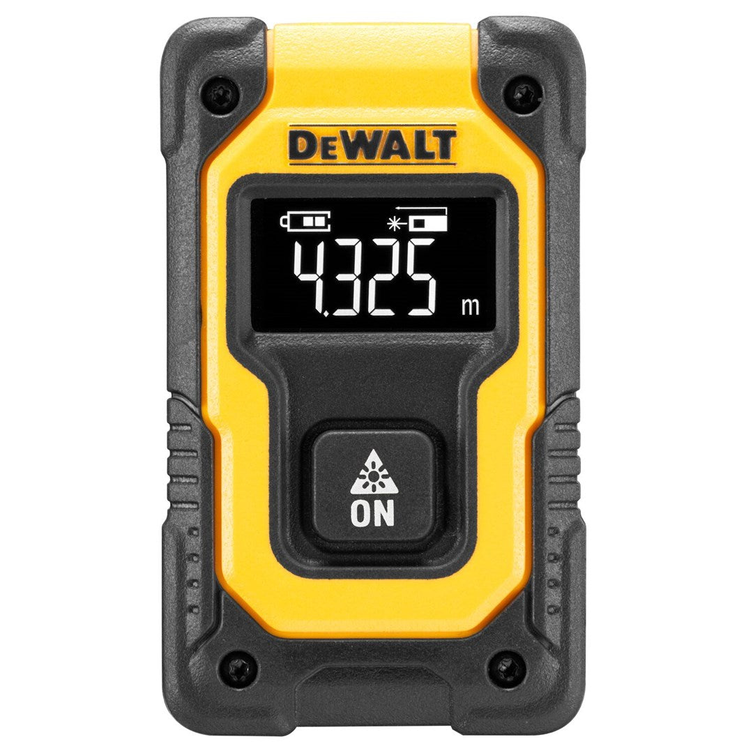 Medidor láser DeWalt amarillo y negro mostrando 4,325m en pantalla. Tiene botón ON.