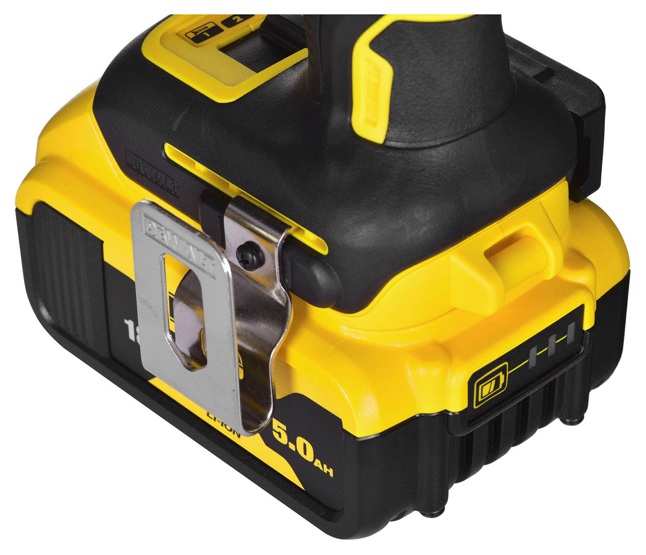Gelber und schwarzer Dewalt Akkupack mit 5,0Ah Anzeige und Metallclip.