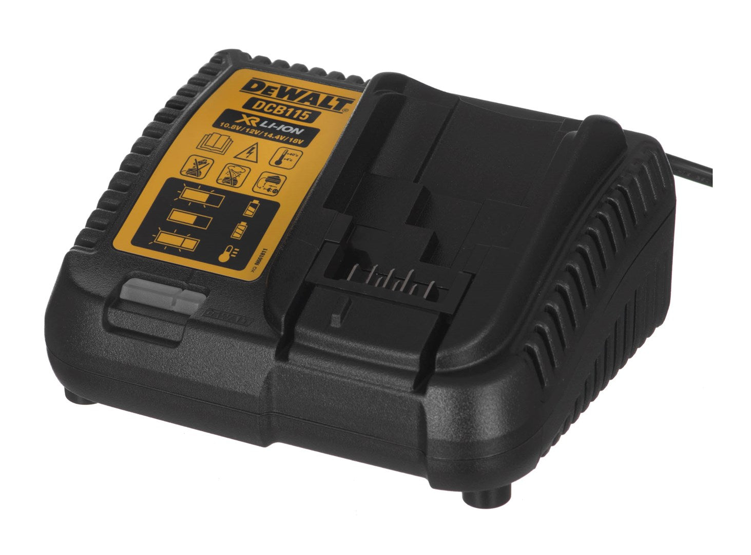 Un chargeur noir DEWALT DCB115 Li-Ion avec une étiquette jaune.