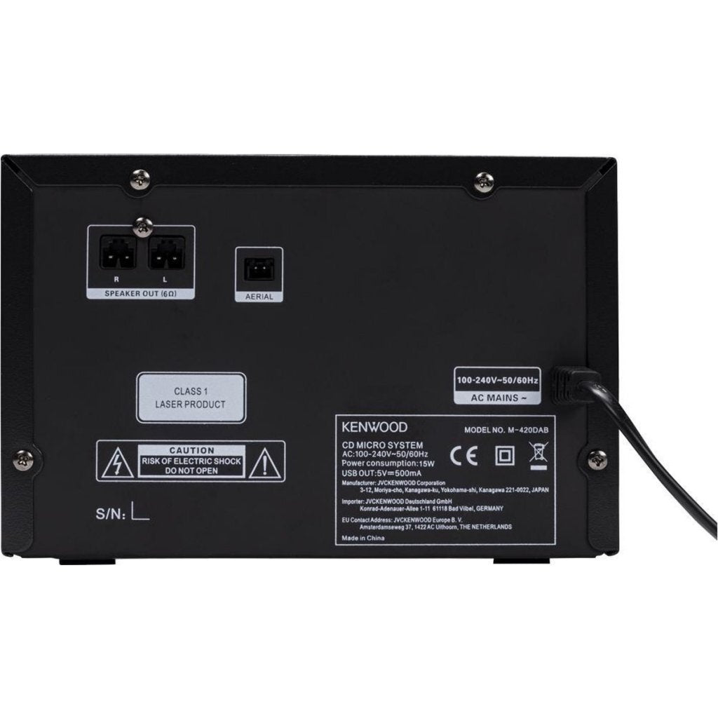 Parte trasera de un micro sistema Kenwood CD con puertos y detalles técnicos.