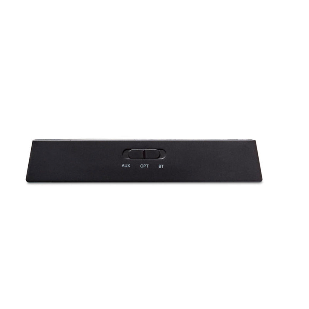 Black audio device with AUX, OPT, and BT buttons.