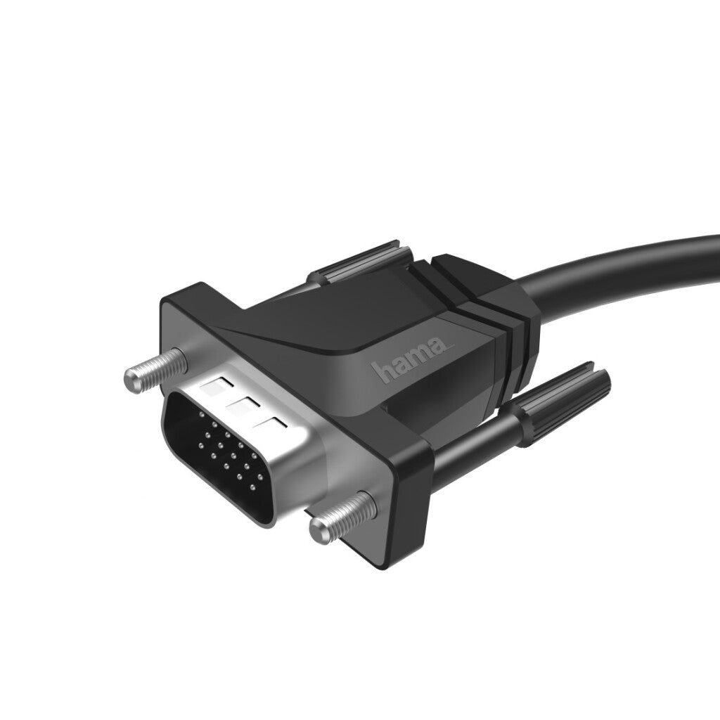 Un cavo VGA nero con connettore argentato e viti blu su sfondo bianco.
