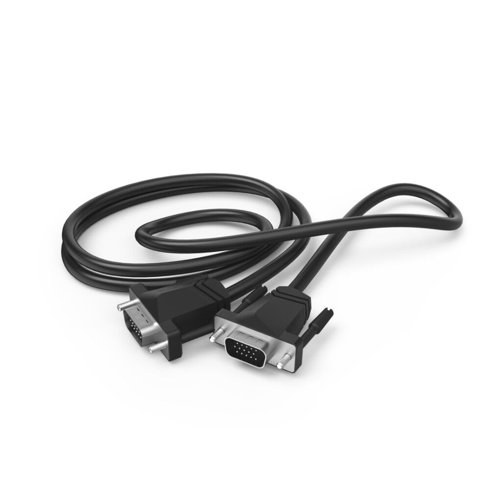 Cavo VGA nero con due connettori, arrotolato su sfondo bianco.