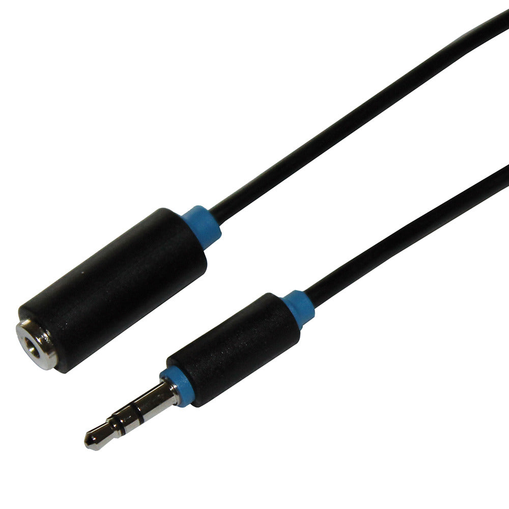 Un cavo audio nero con spina maschio e jack femmina da 3,5 mm, con accenti blu.