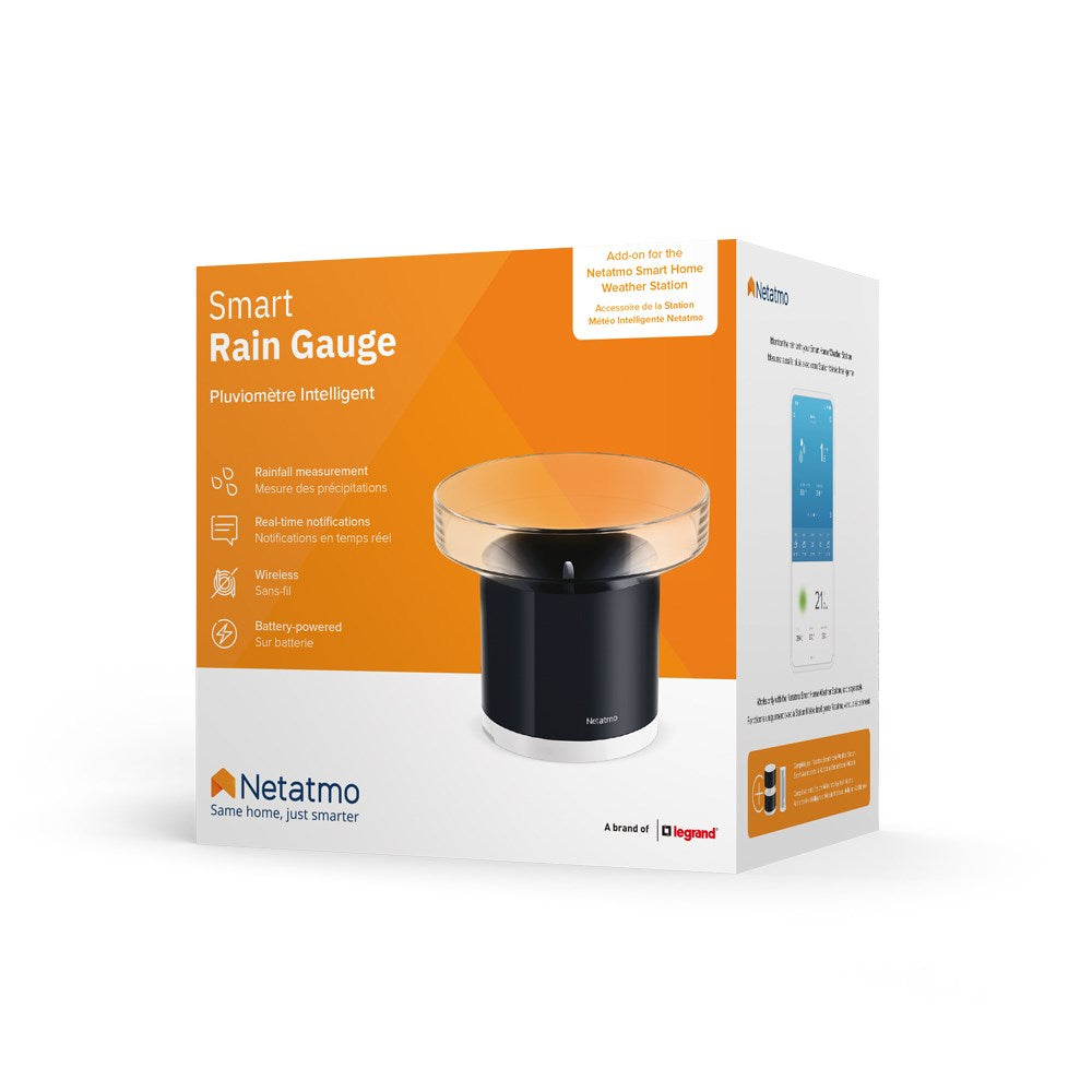 Packaging of a Netatmo Smart Rain Gauge with descriptions and product images.