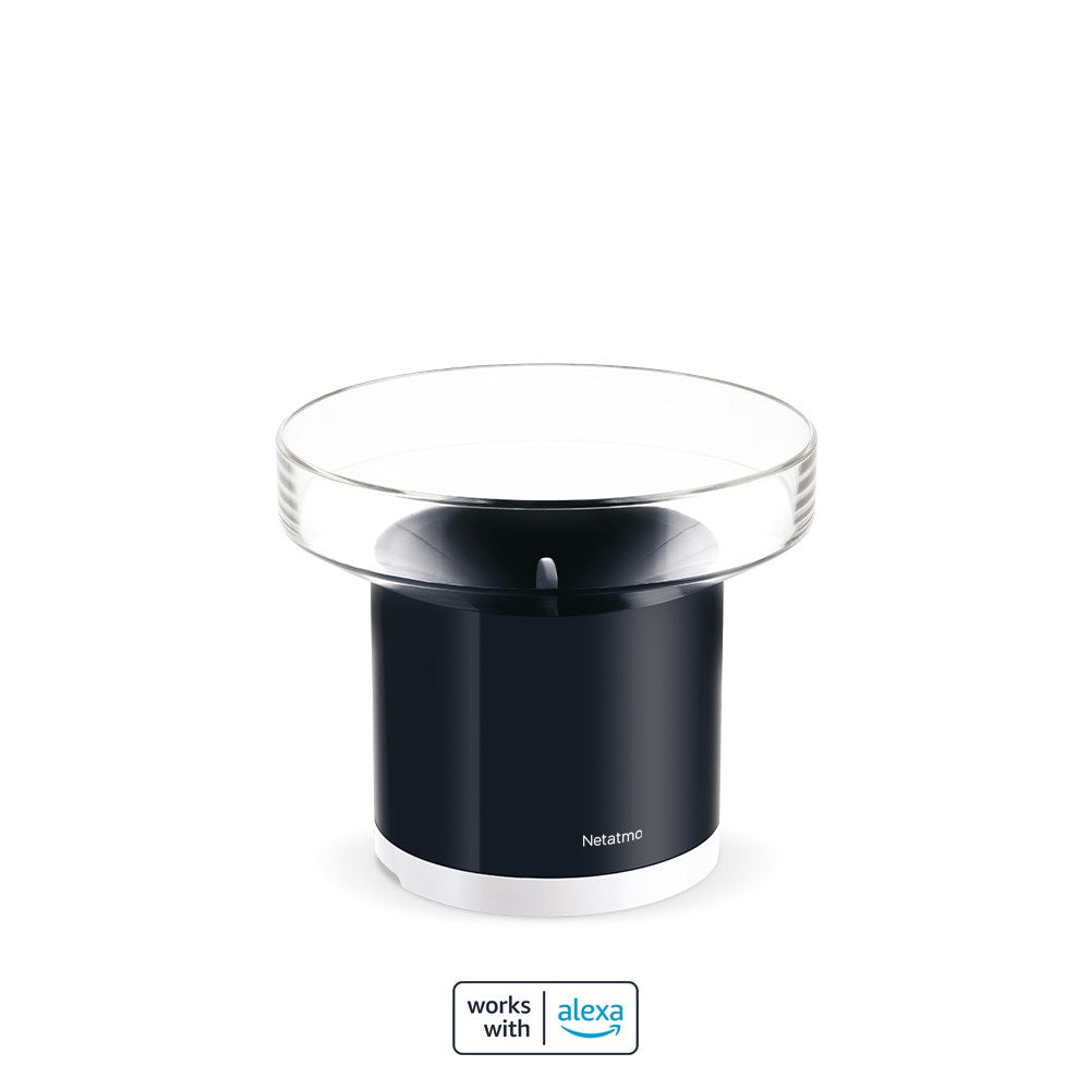 Dark rain gauge with glass top and Alexa logo.